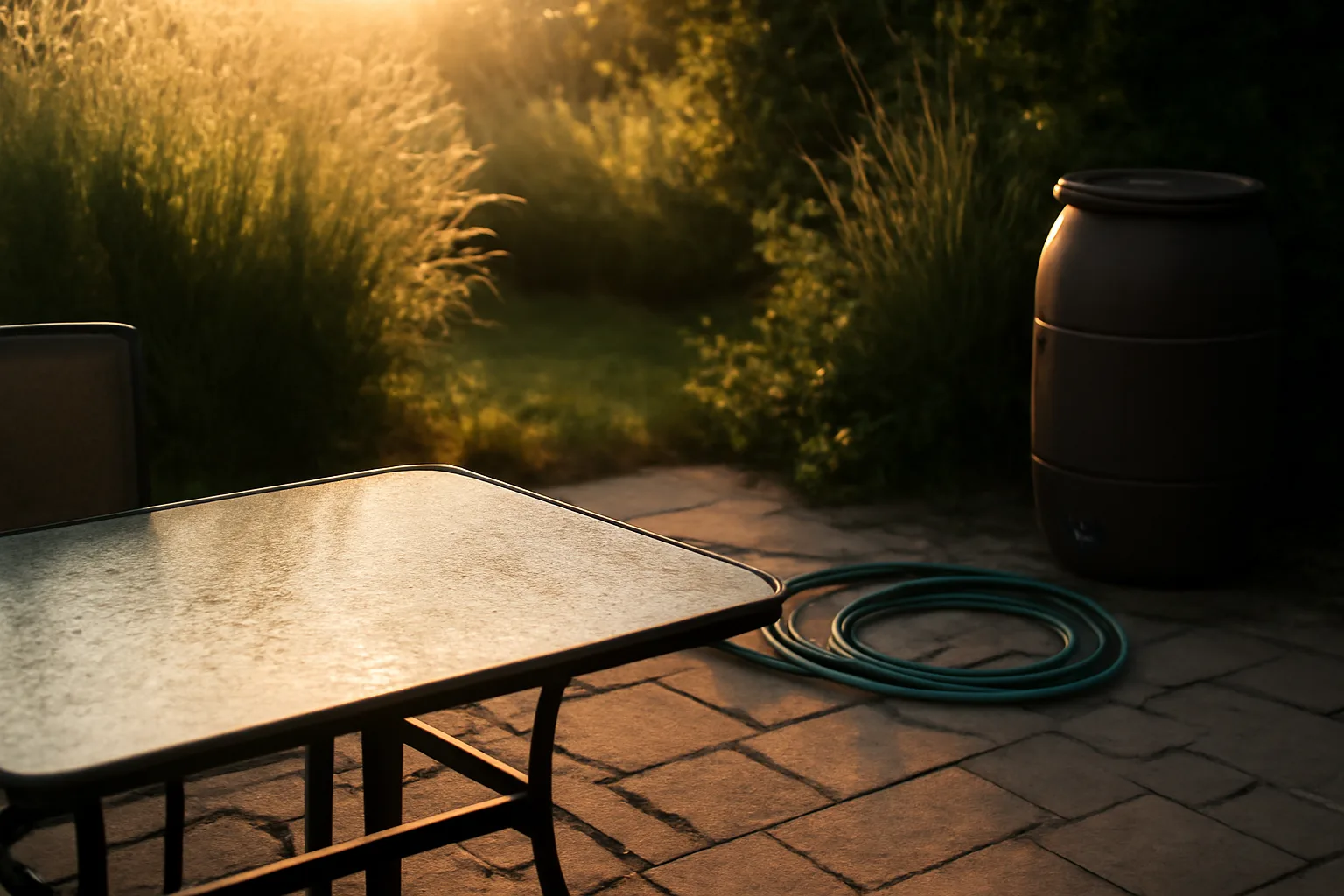 Backyard patio at dusk showing shrubs and standing water sources relevant to mosquito control