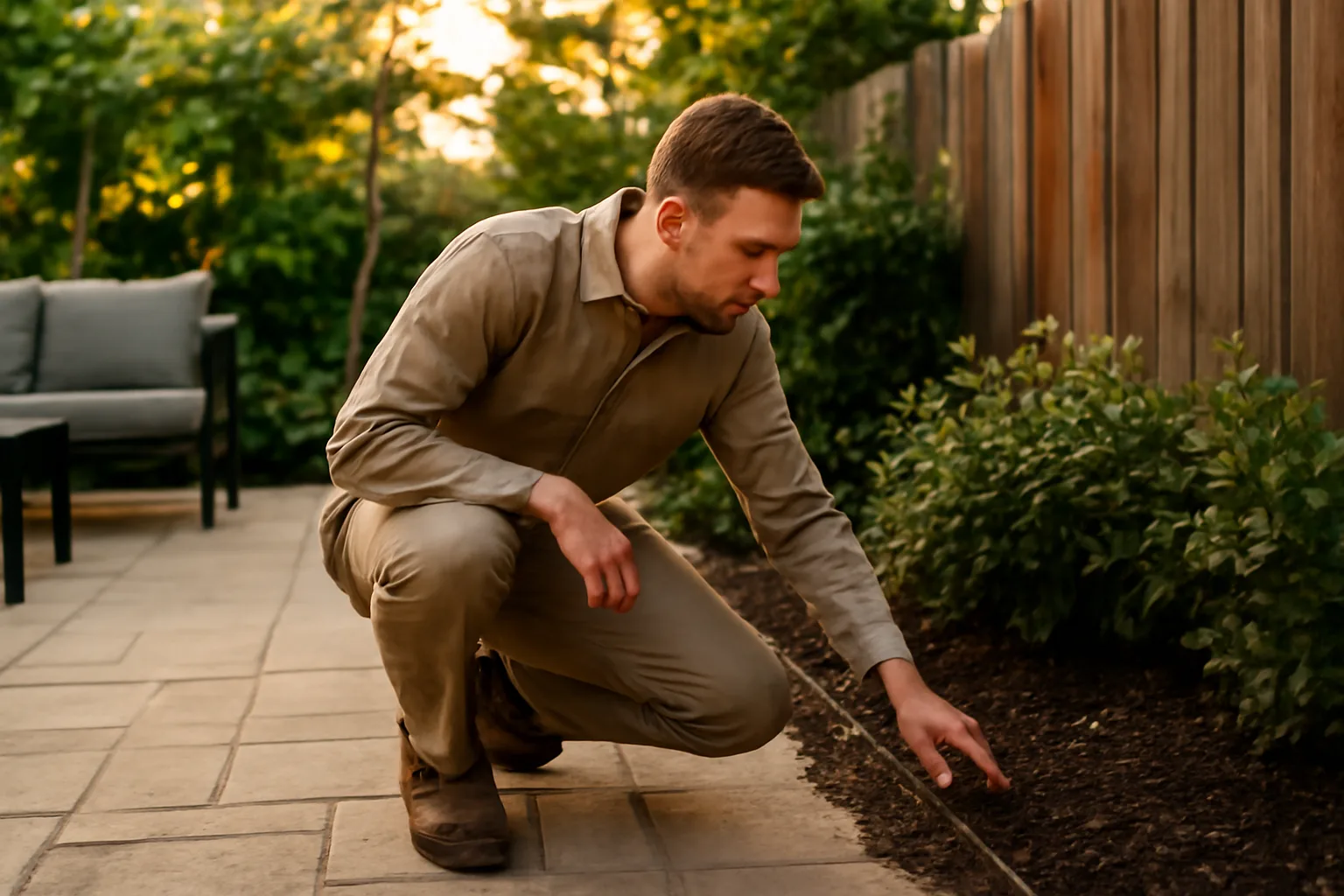 Technician checking a shaded backyard garden bed for mosquito breeding sites at dusk