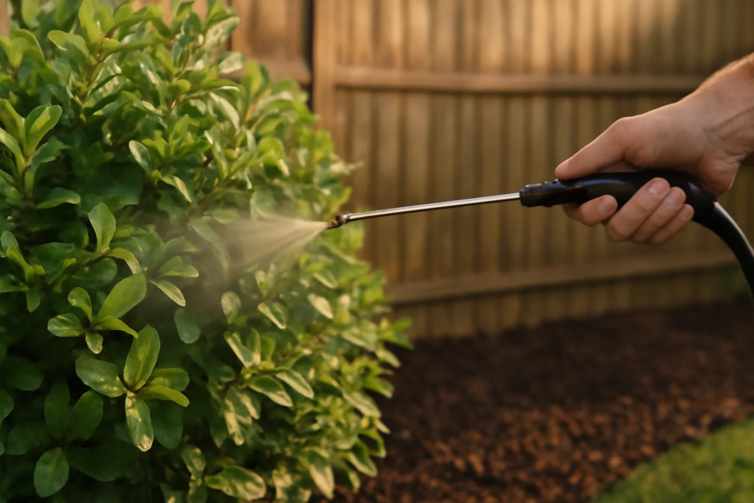 Sprayer wand treating backyard shrubs along a mulch bed at dusk