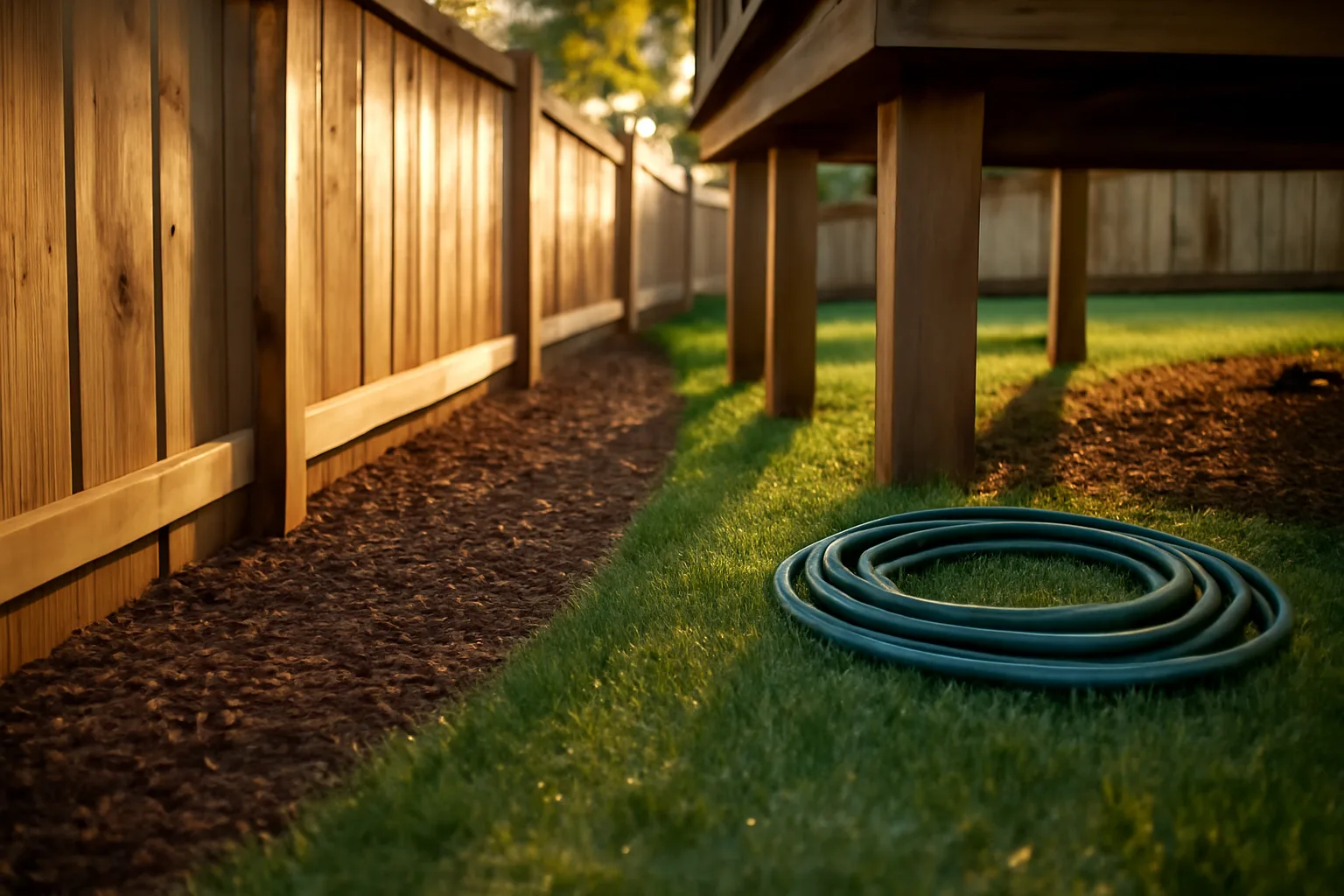 Shaded mulch bed and deck edge in a backyard, common flea and tick habitat