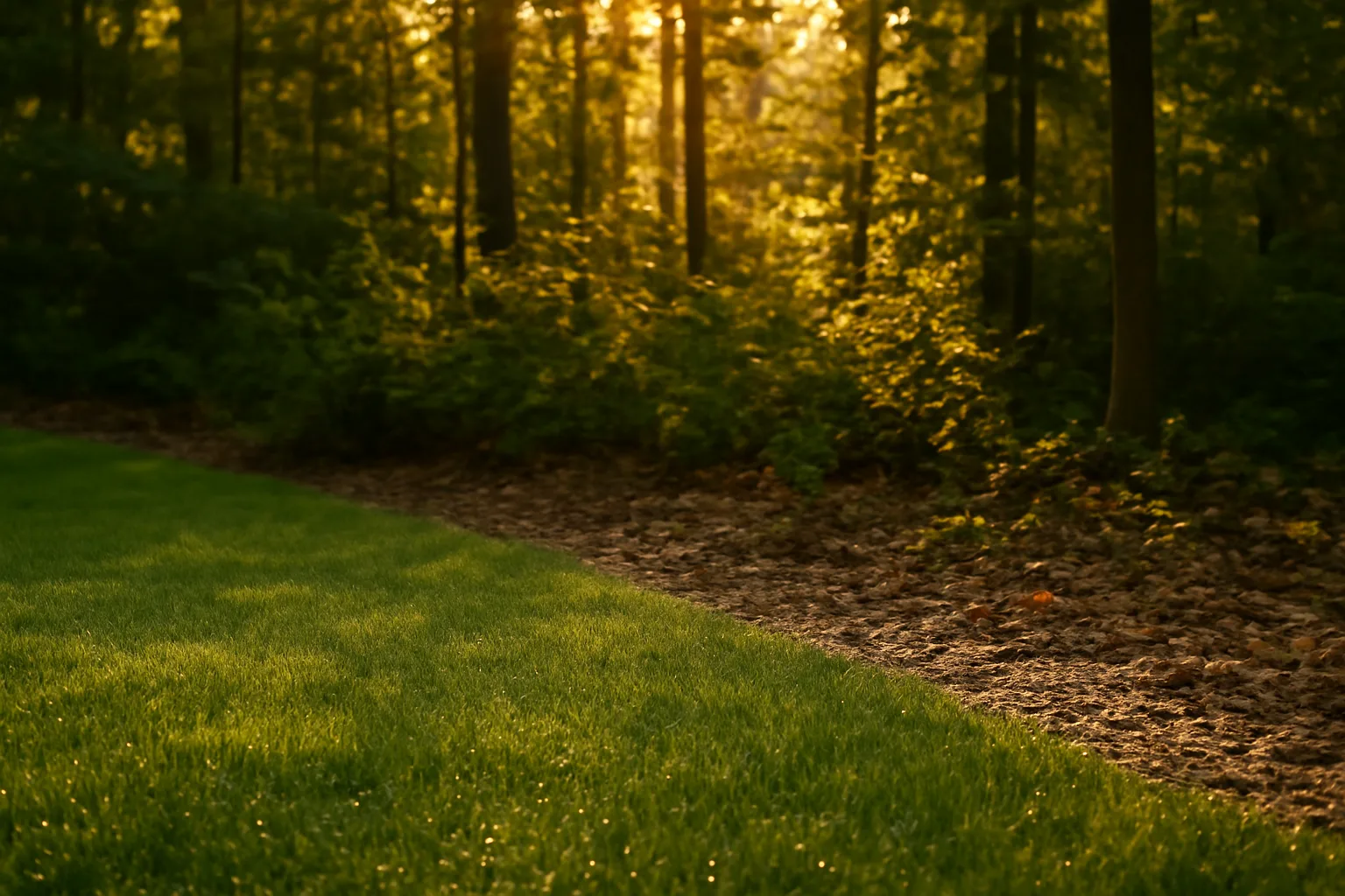 Backyard lawn edge with wood-chip barrier next to wooded area for tick control