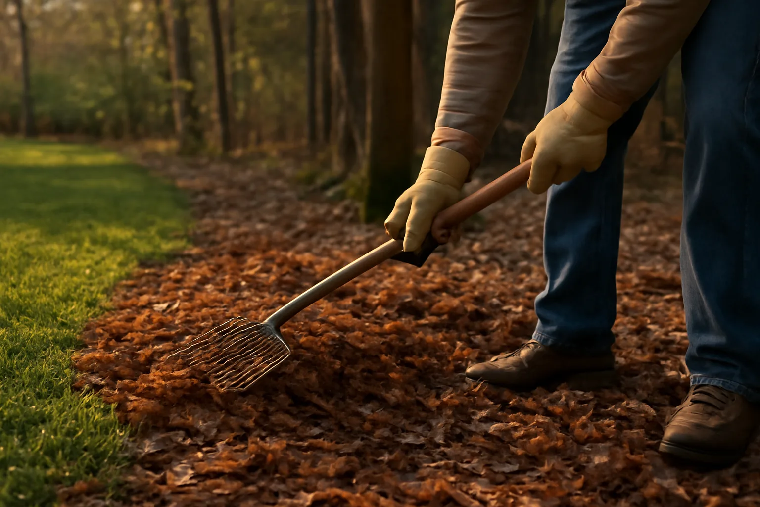 Homeowner spreading a wood chip barrier at the woodline to help get rid of ticks