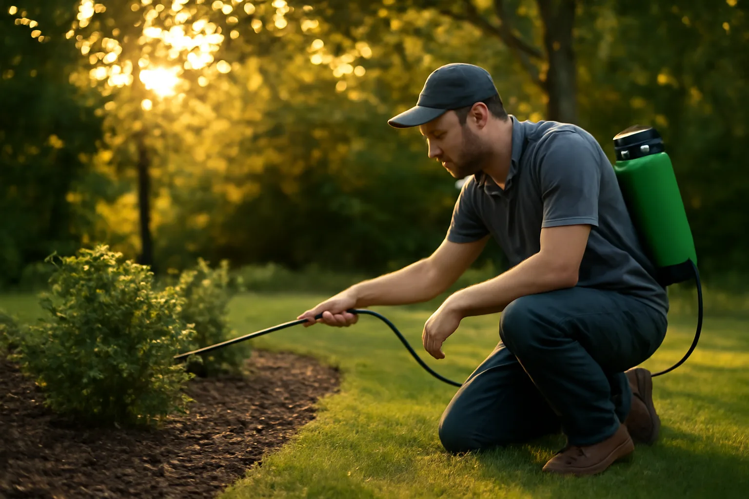 Technician applying tick control treatment along a wooded yard edge at dusk