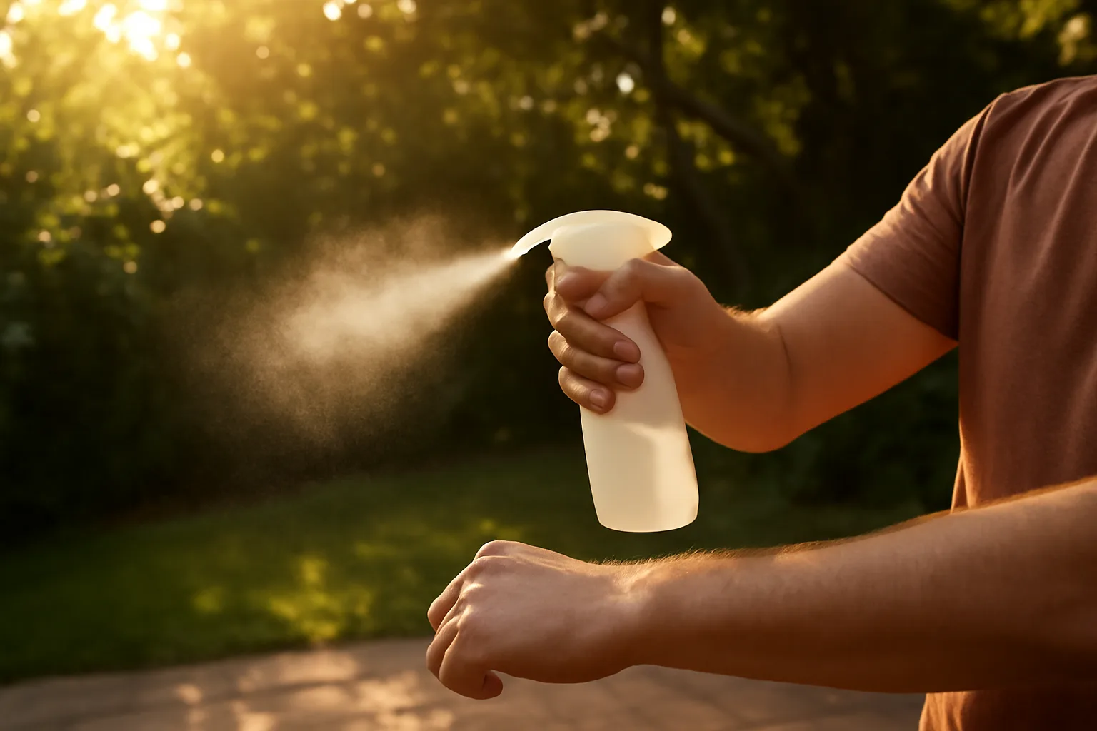 Person applying mosquito repellent spray to arm on a shaded backyard patio