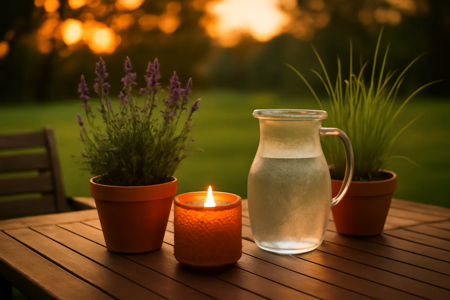 Backyard patio at dusk with candle and repellent plants used against mosquitoes