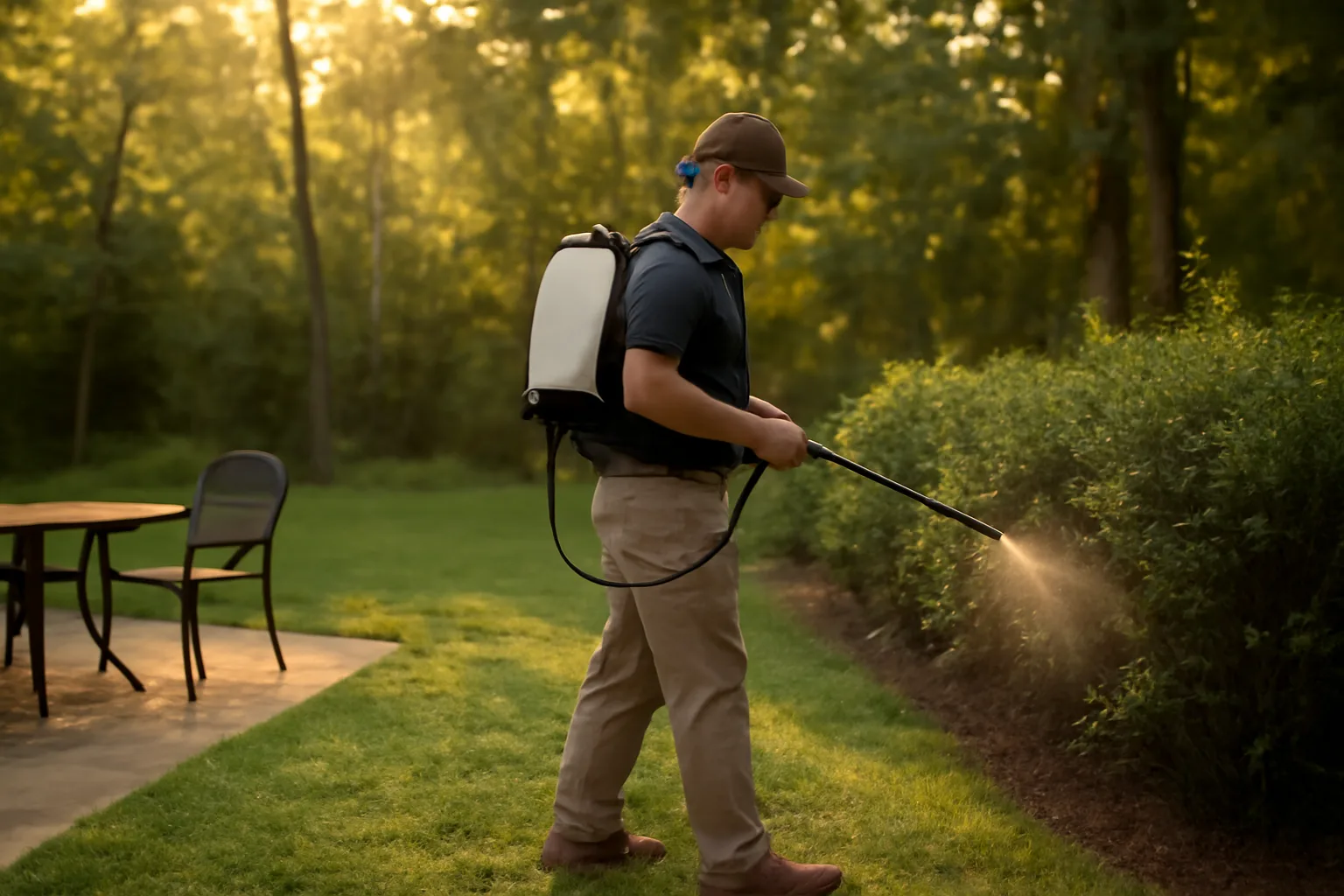 Technician applying yard insect repellent barrier spray to shrubs at dusk