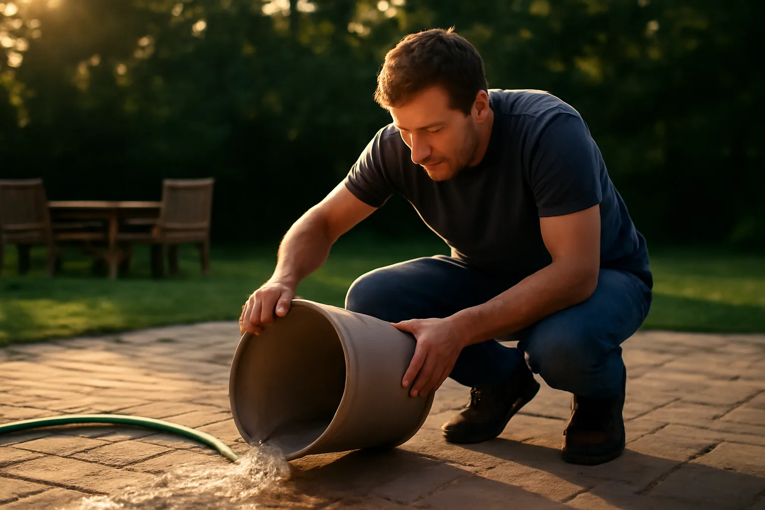 Homeowner dumping standing water from a backyard bucket at dusk to reduce mosquitoes