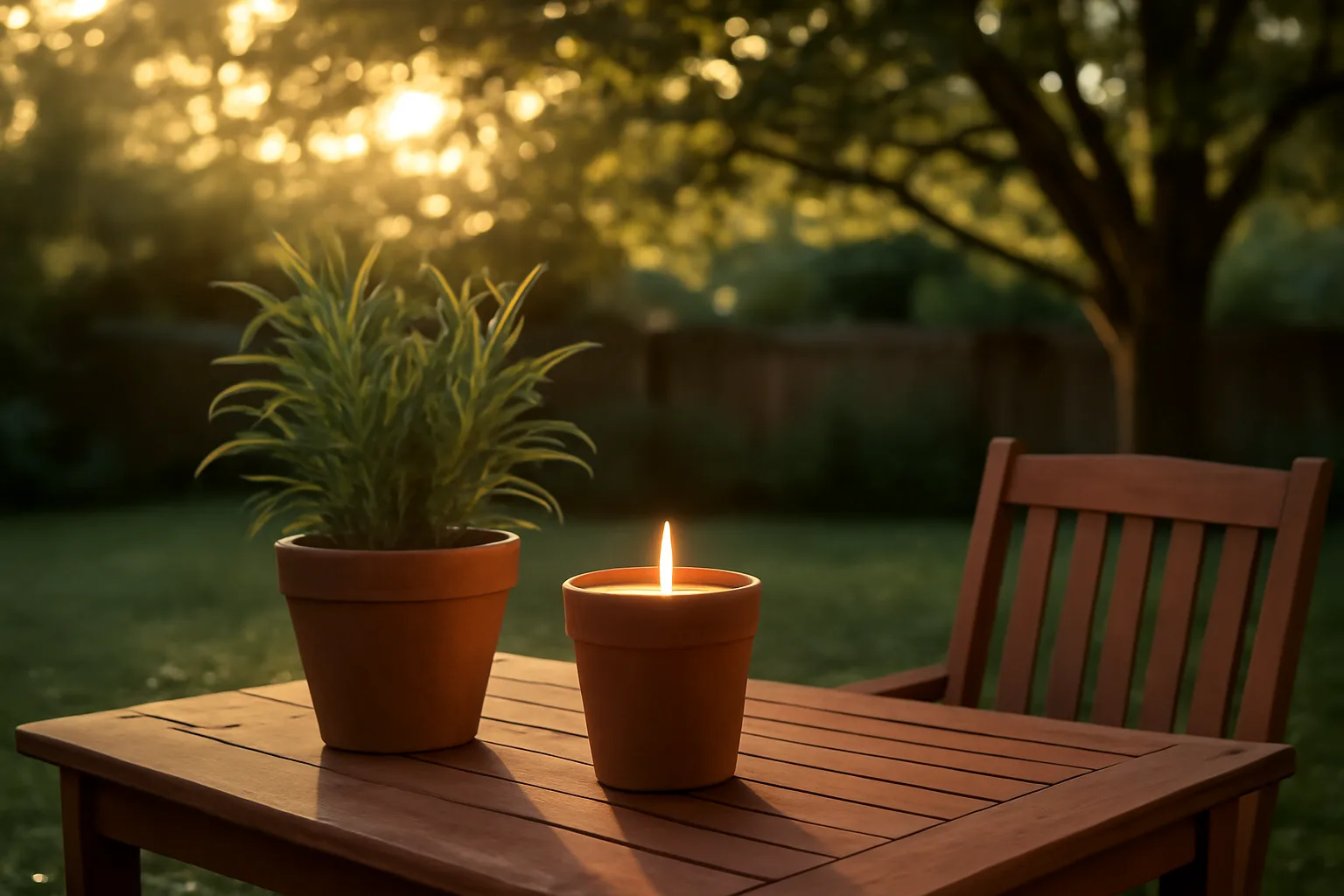 Backyard patio at dusk showing plants and candle used against mosquitoes