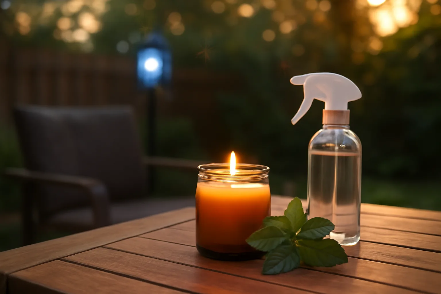 Patio table at dusk with citronella candle and homemade mosquito repellent spray