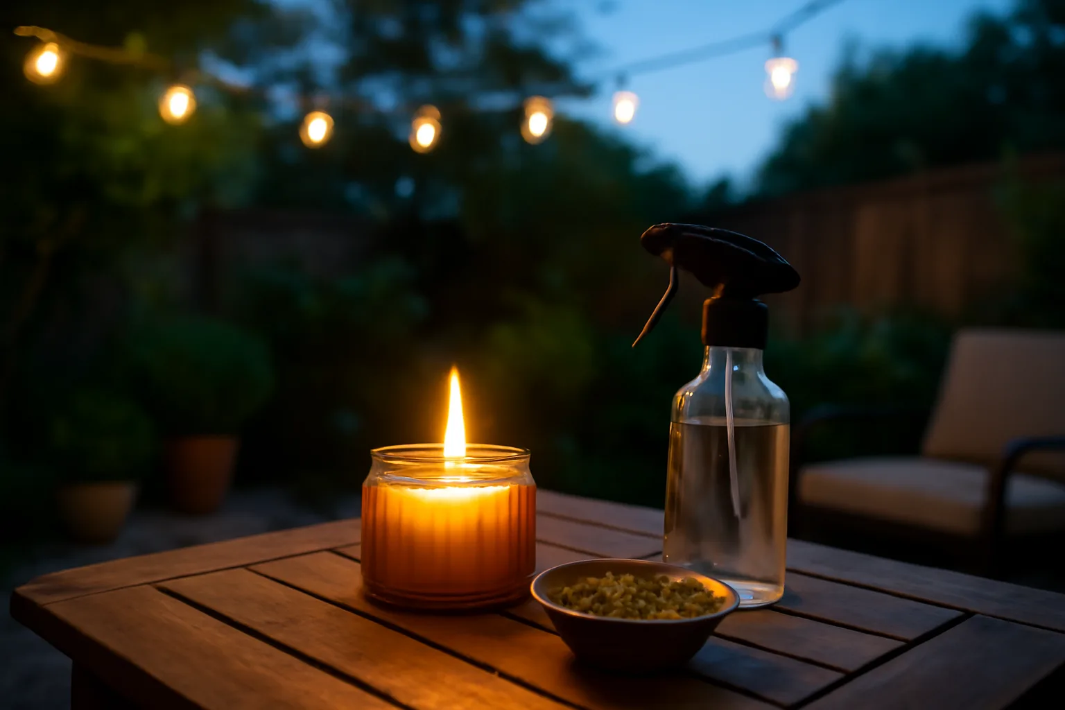 Citronella candle and homemade mosquito repellent spray on a patio table at dusk