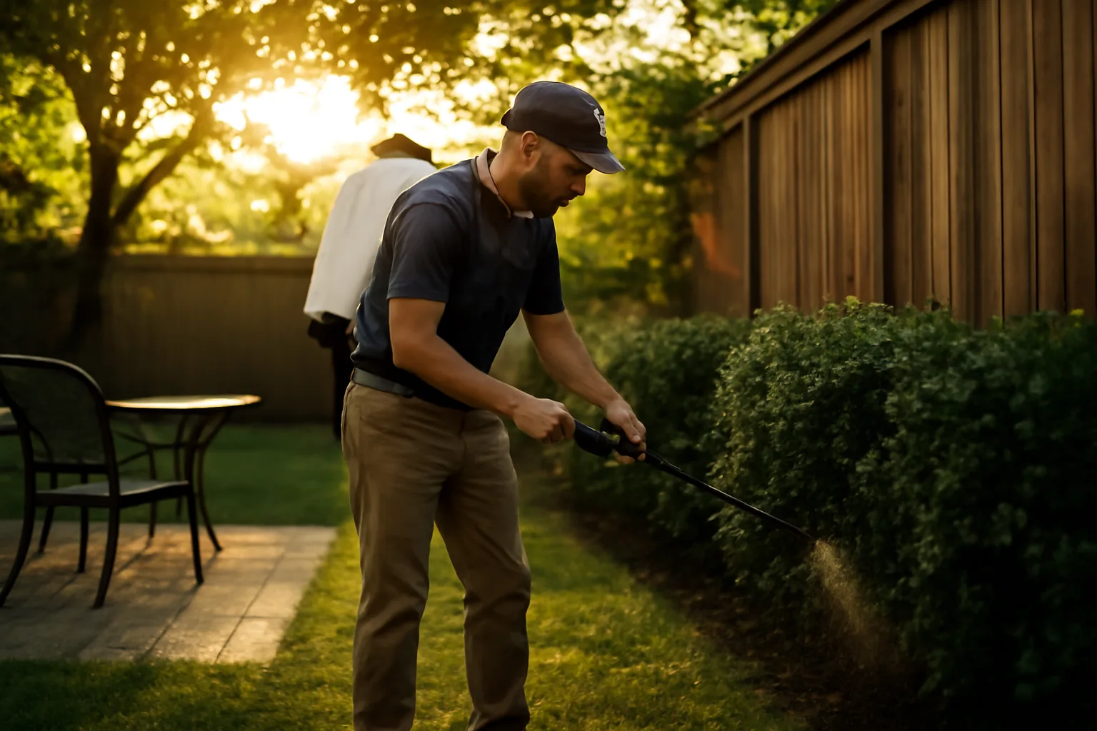 technician inspecting shaded shrubs along a fence line while treating a backyard for mosquitoes at dusk