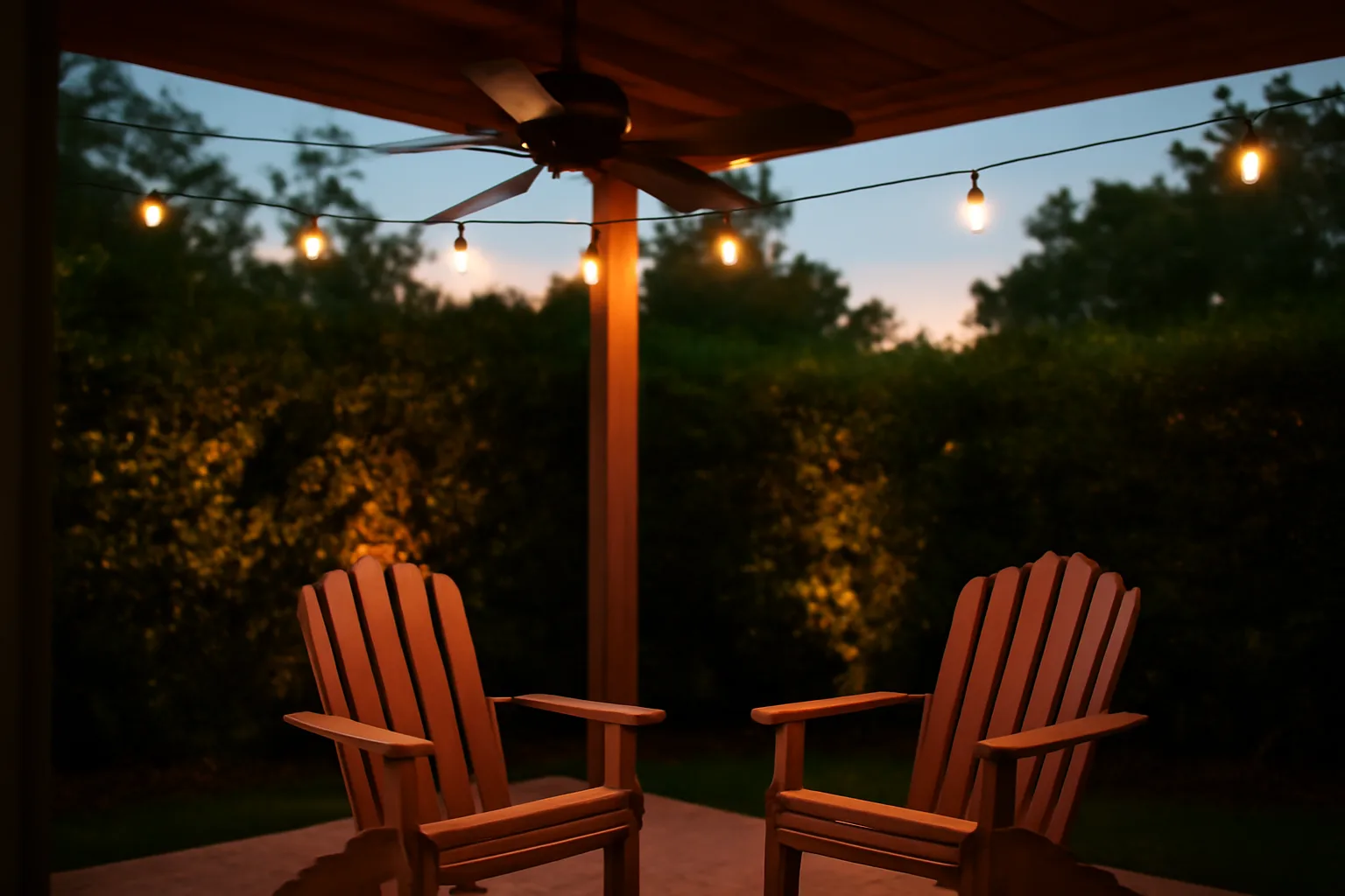 Backyard patio at dusk showing fan and shrubs, illustrating how to keep mosquitoes away