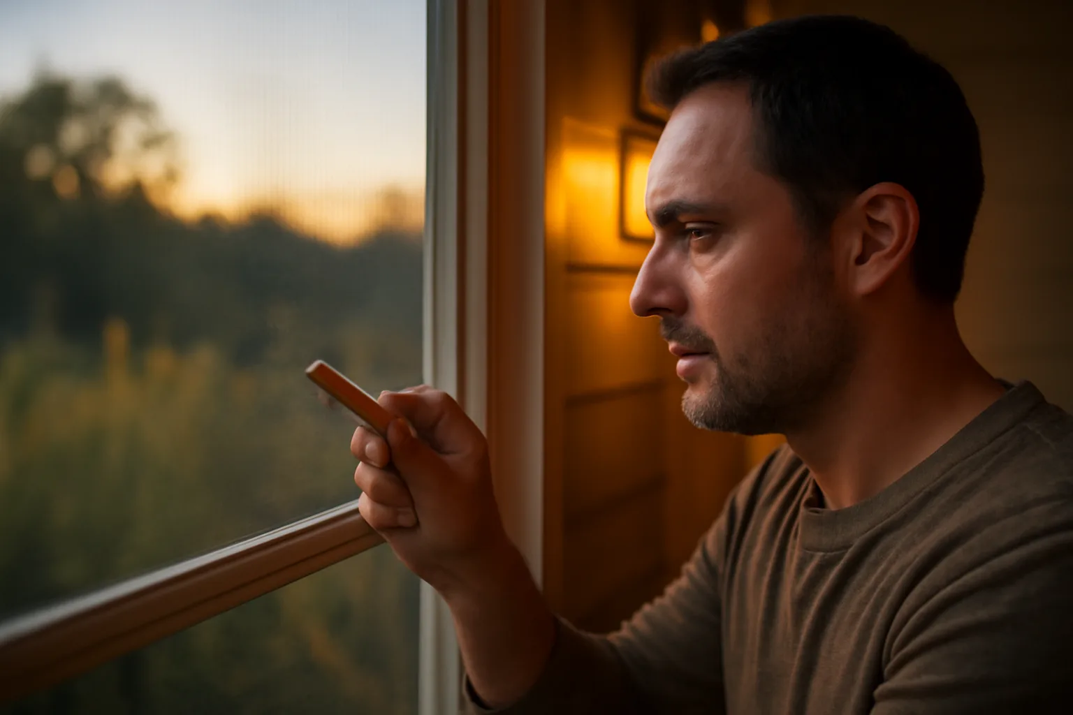 Homeowner checking a window screen for gaps as an indoor mosquito repellent measure at dusk
