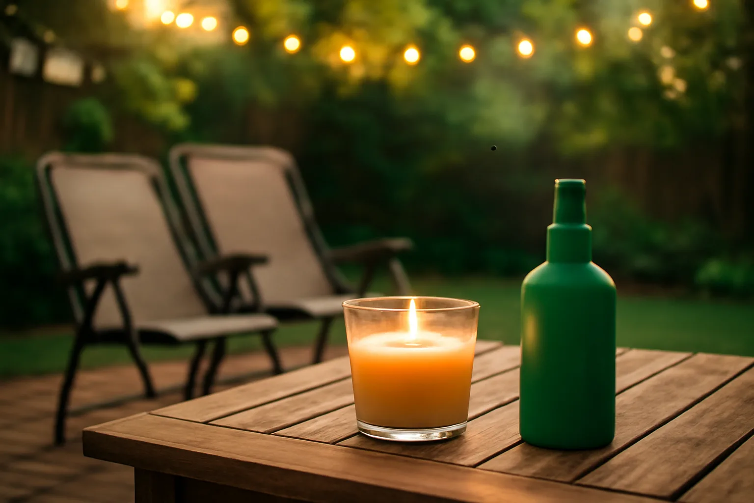 Bottle of mosquito repellent and citronella candle on a patio table at dusk