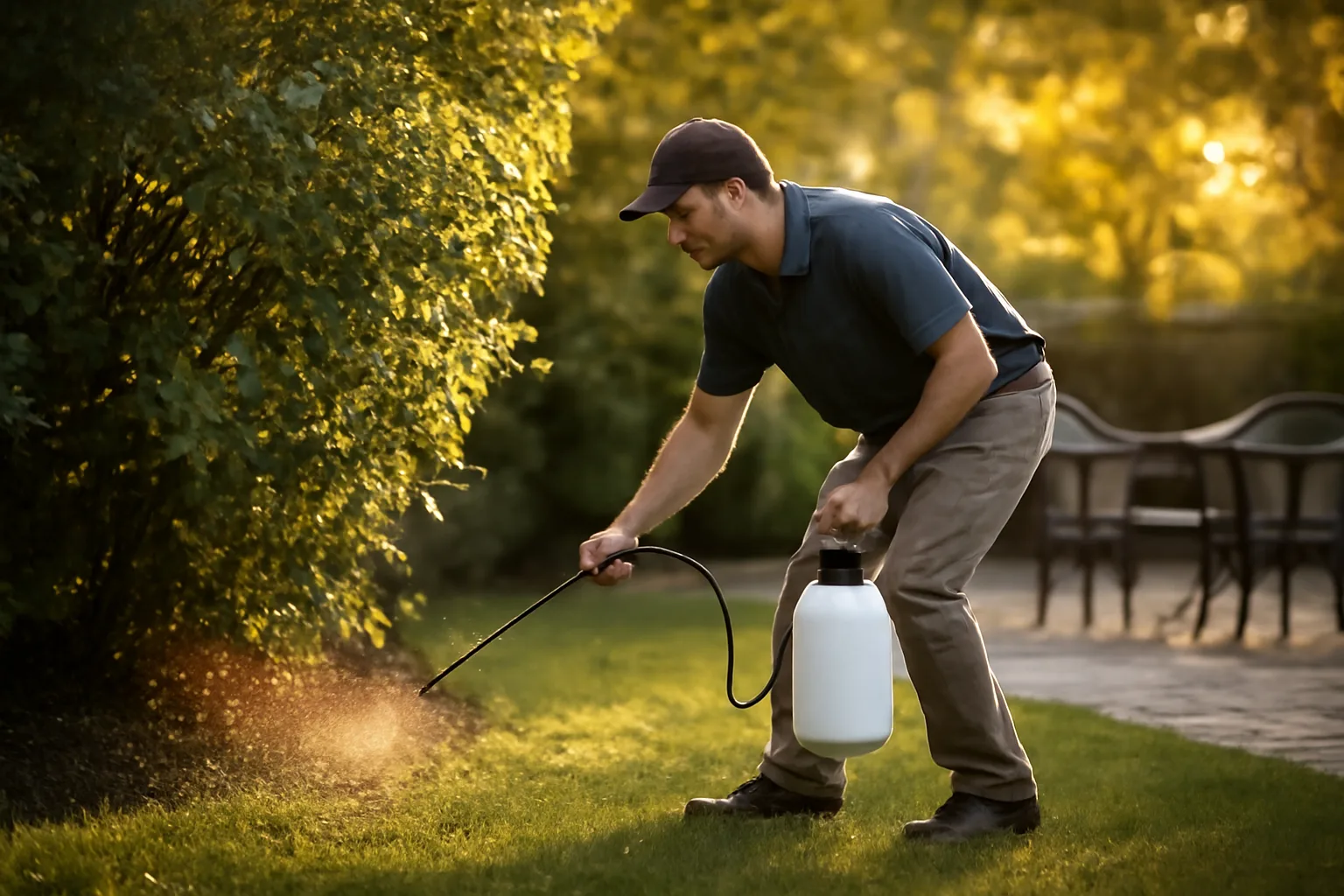 Technician applying mosquito repellent barrier spray to shrubs at edge of backyard lawn