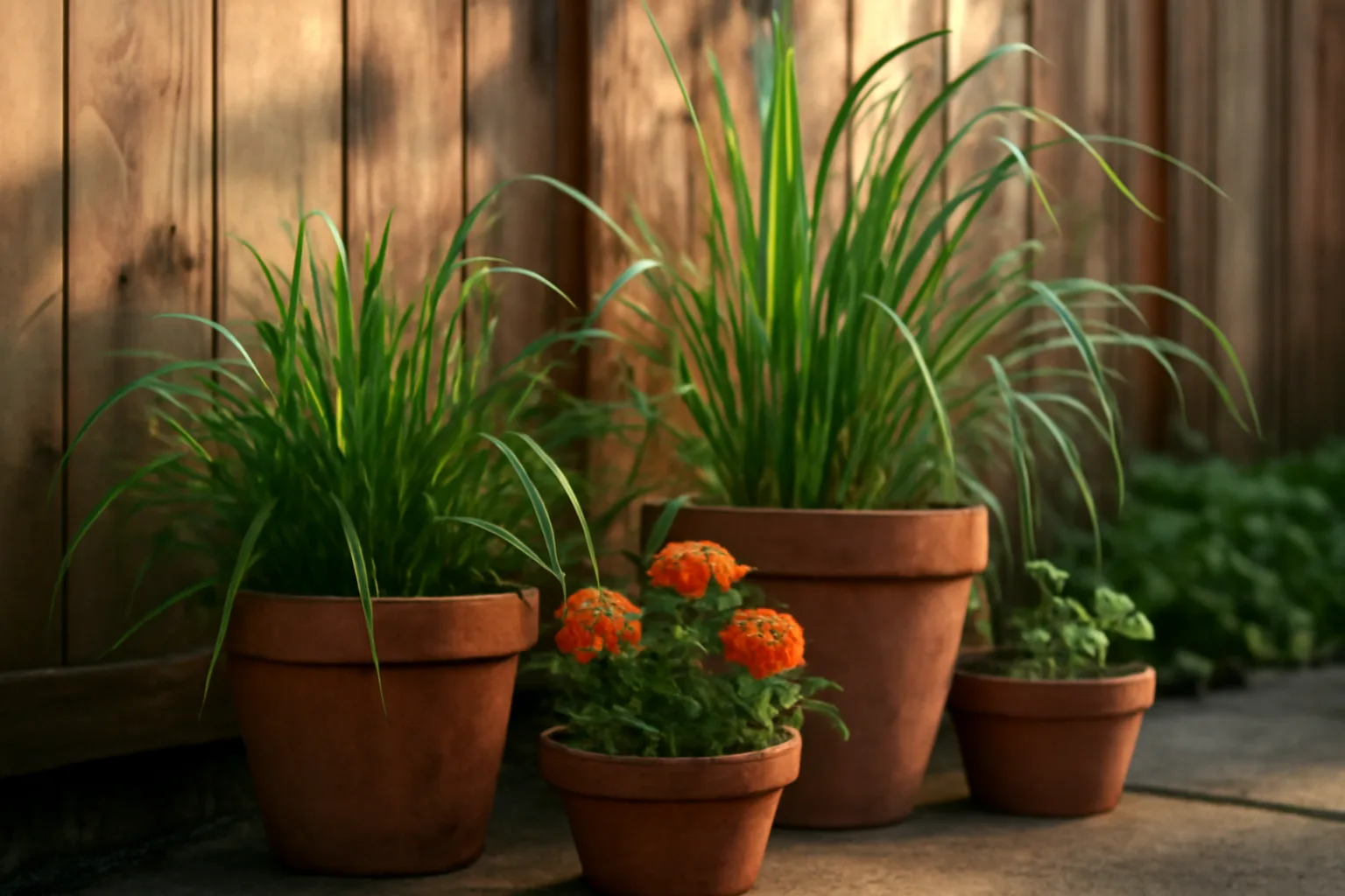 Potted citronella grass and marigolds, common mosquito repellent plants, on a patio