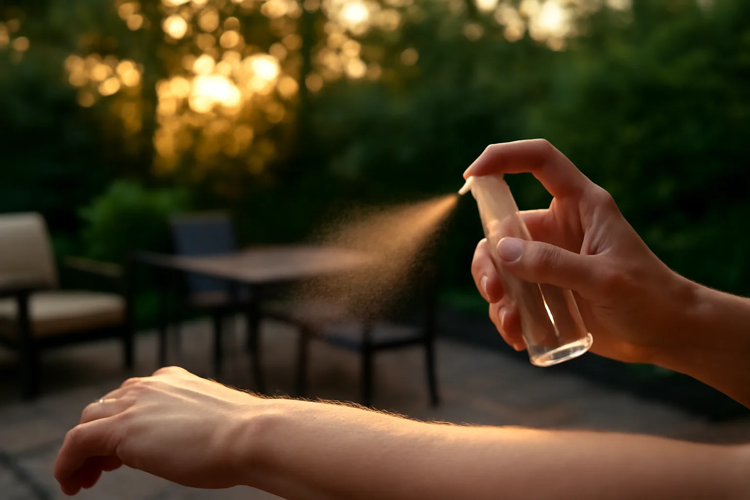 Person applying mosquito repellent spray to forearm on a backyard patio at dusk
