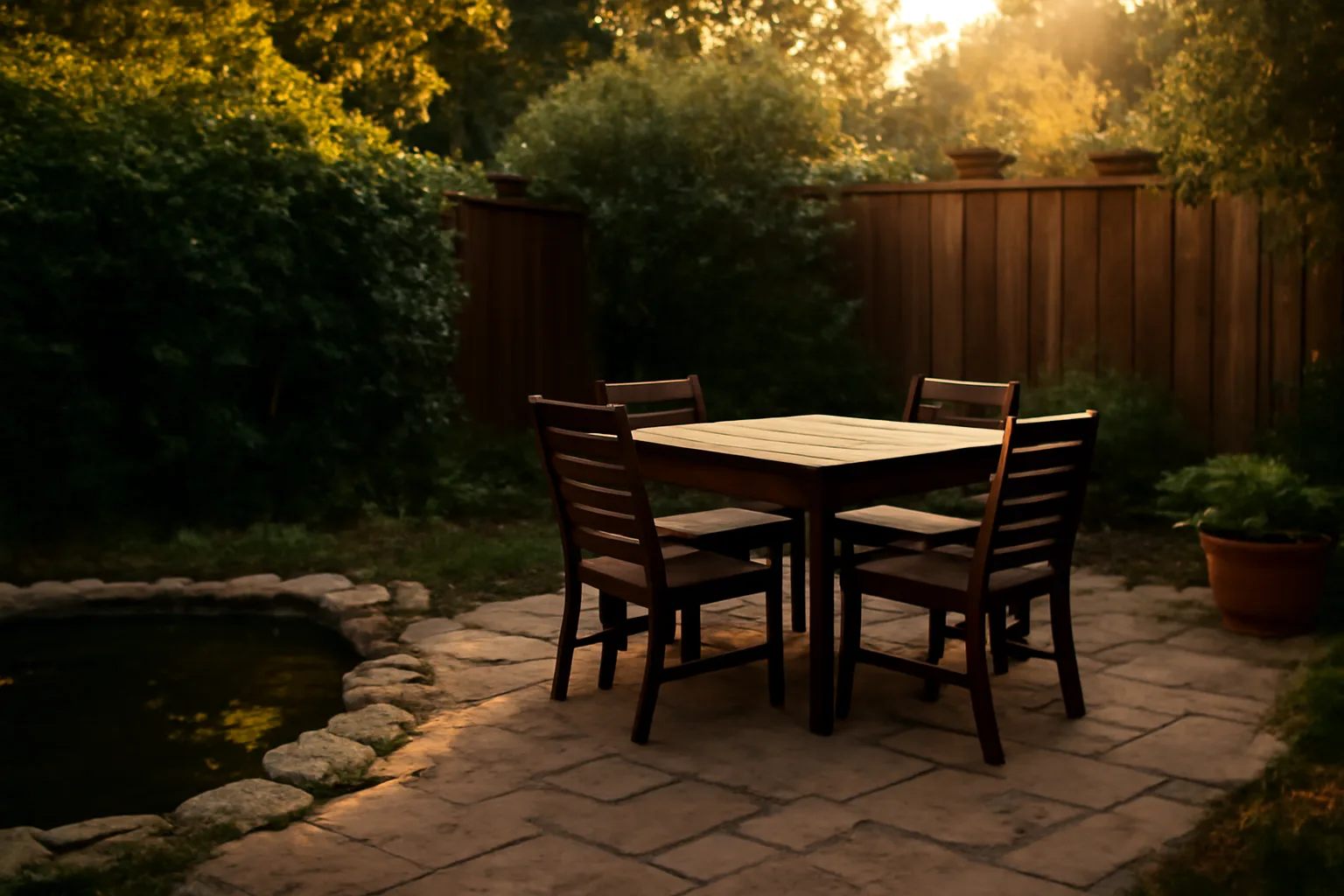 Backyard patio at dusk near shrubs and standing water, a setting for mosquito repellent needs