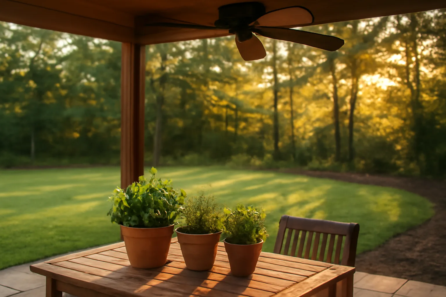 Backyard patio at dusk showing natural mosquito control setup with fan and plants