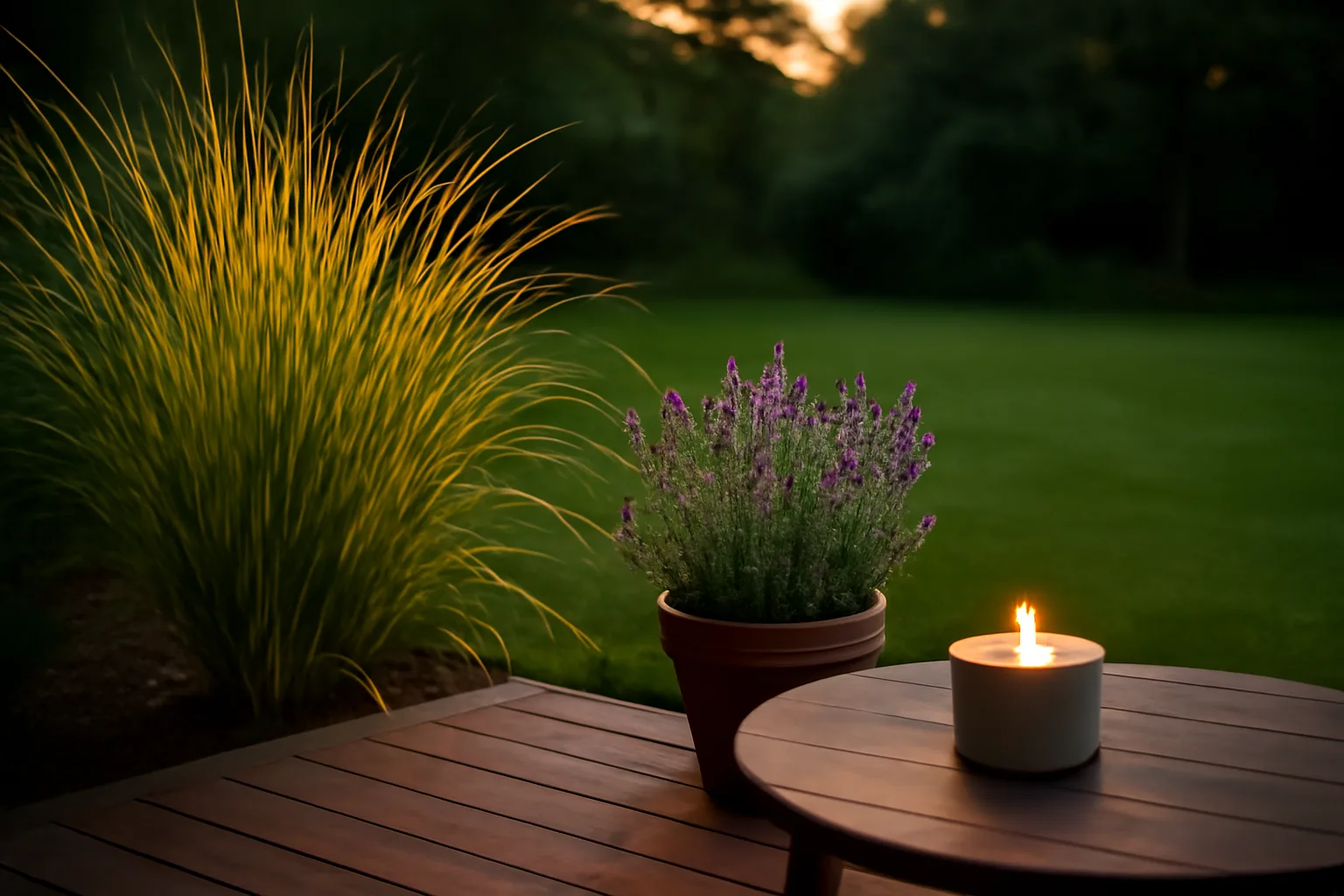 Citronella grass and candle on a backyard patio at dusk for natural mosquito repellent