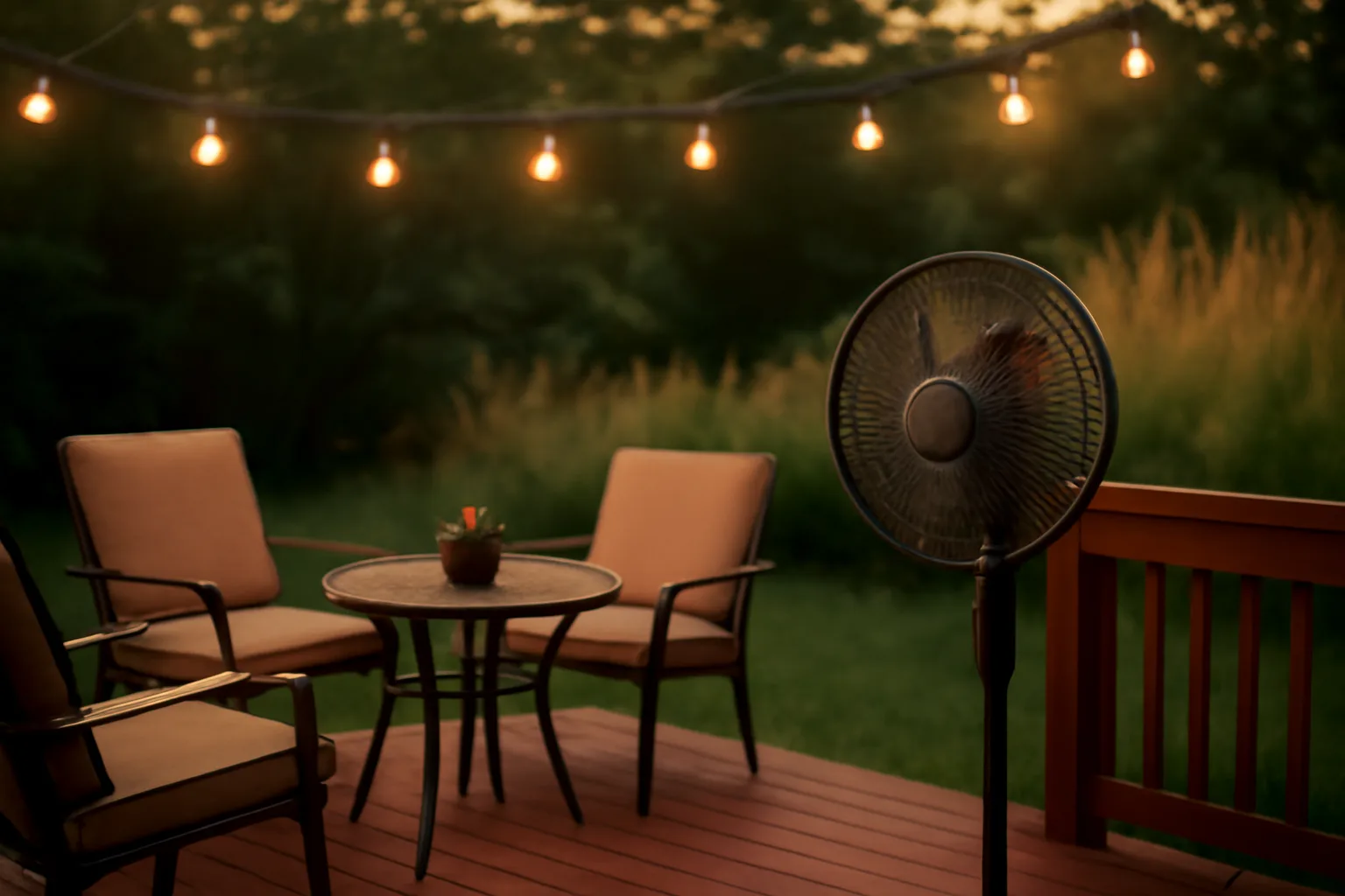 Backyard patio at dusk with a fan and shaded shrub line, setting for outdoor mosquito repellent use