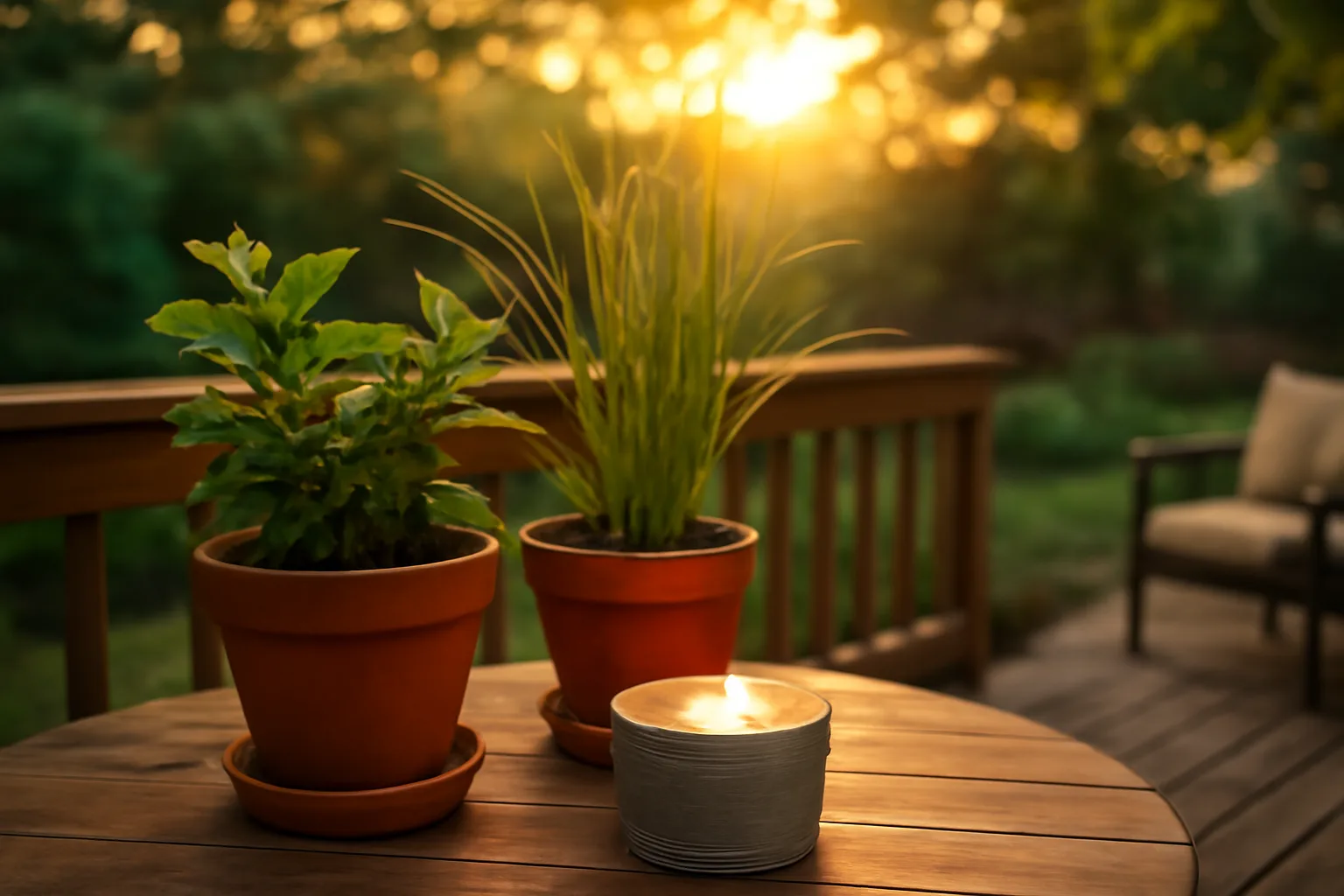 Potted citronella and lemongrass plants on a patio at dusk with a citronella candle