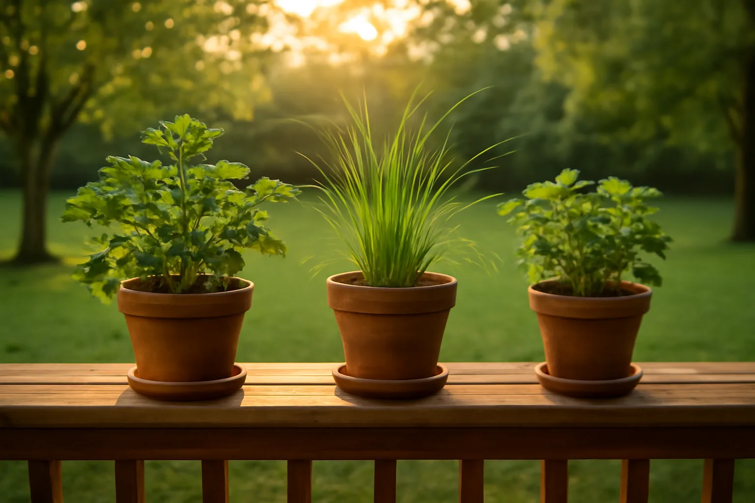 Potted citronella geranium and lemongrass plants on a patio at dusk