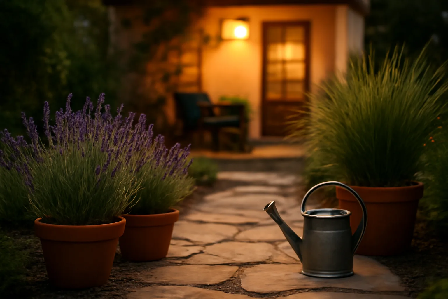Potted citronella and lavender plants along a backyard patio at dusk