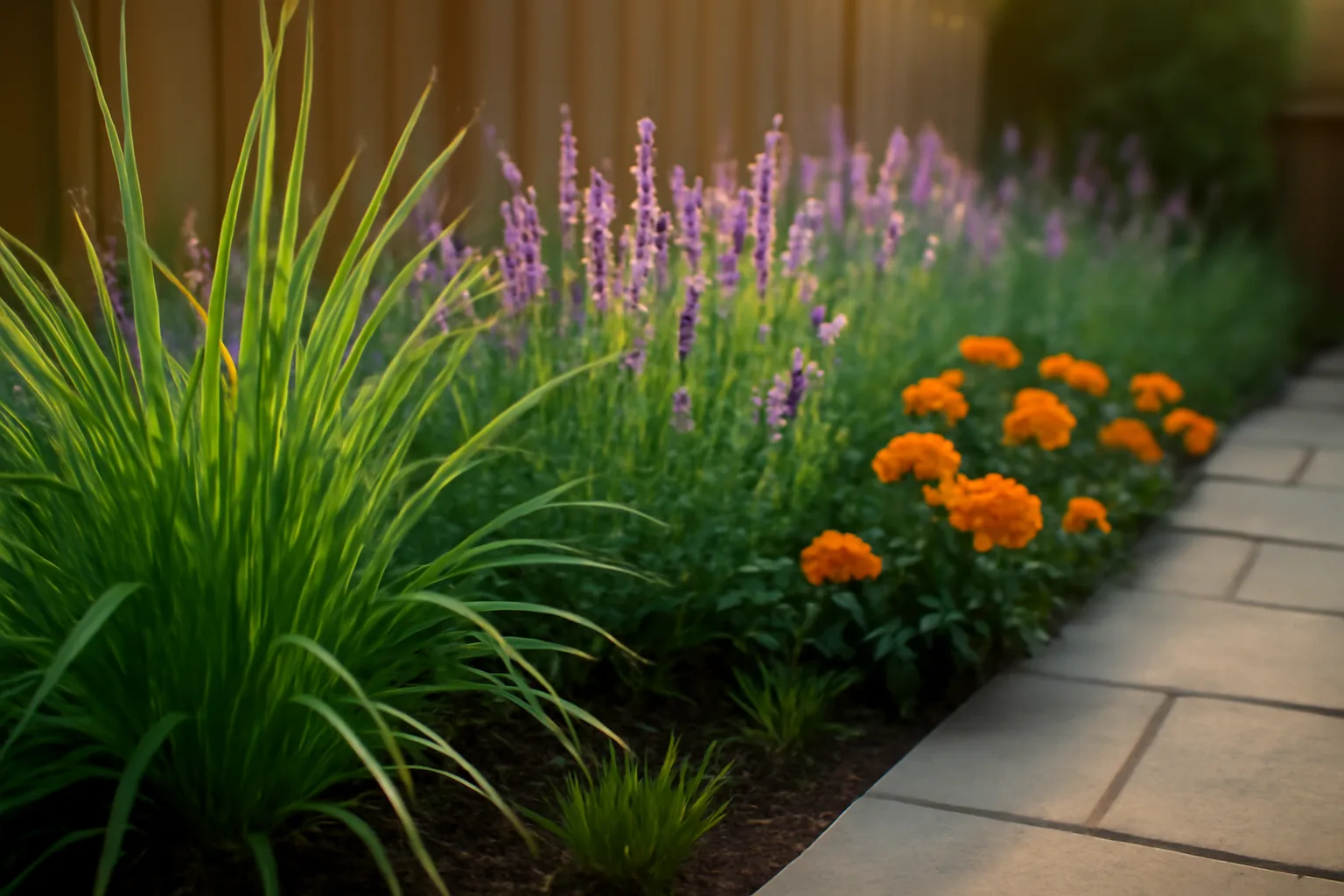 citronella grass and lavender planted as mosquito repellent plants along a patio border