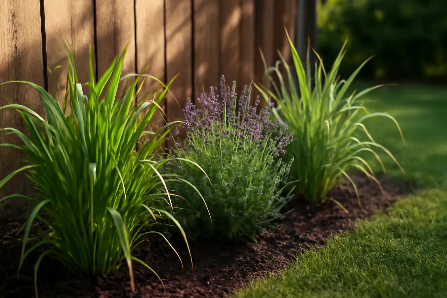 Garden bed of citronella grass and lavender, plants that keep mosquitoes away, along a backyard fence