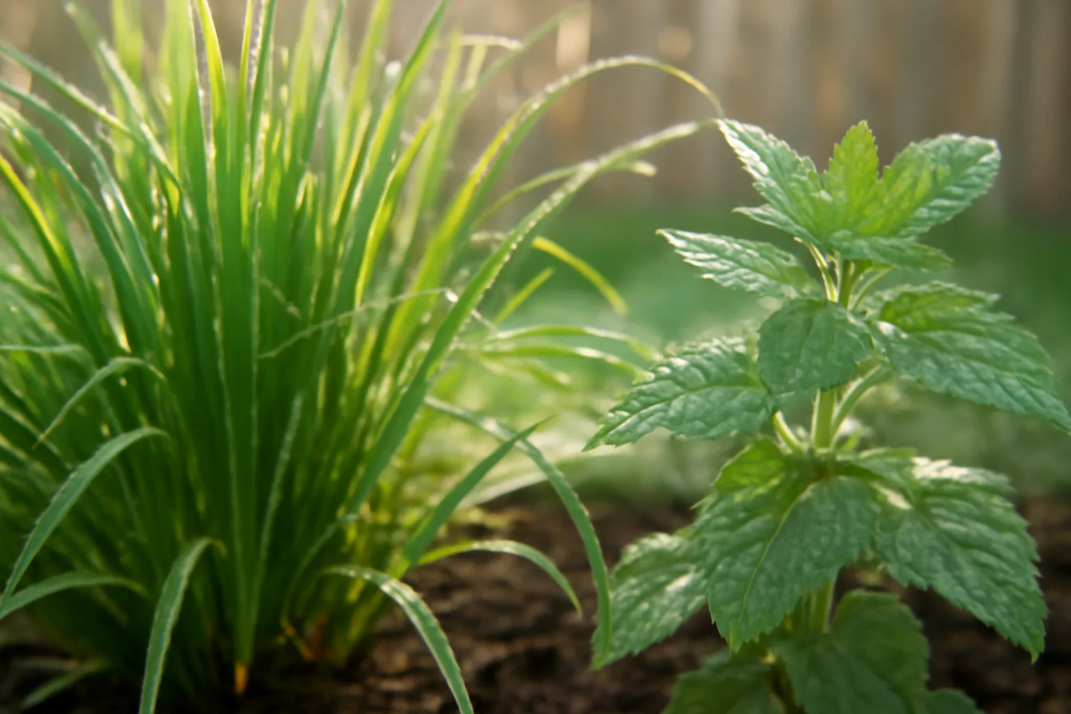 Citronella grass and catnip growing in a garden bed with a mosquito resting nearby