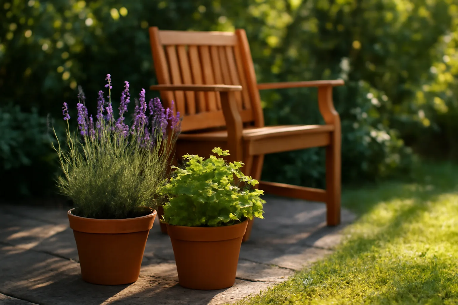 Potted lavender and lemon balm plants on a backyard patio at dusk