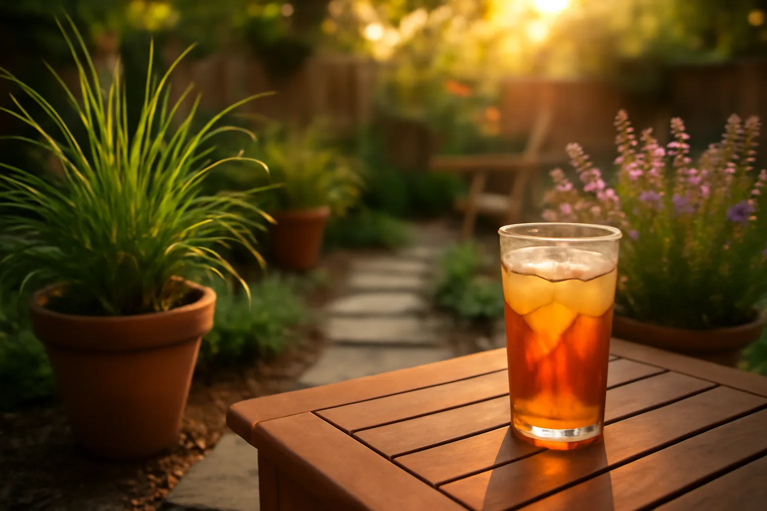 Potted citronella grass and lavender plants beside a backyard patio at dusk