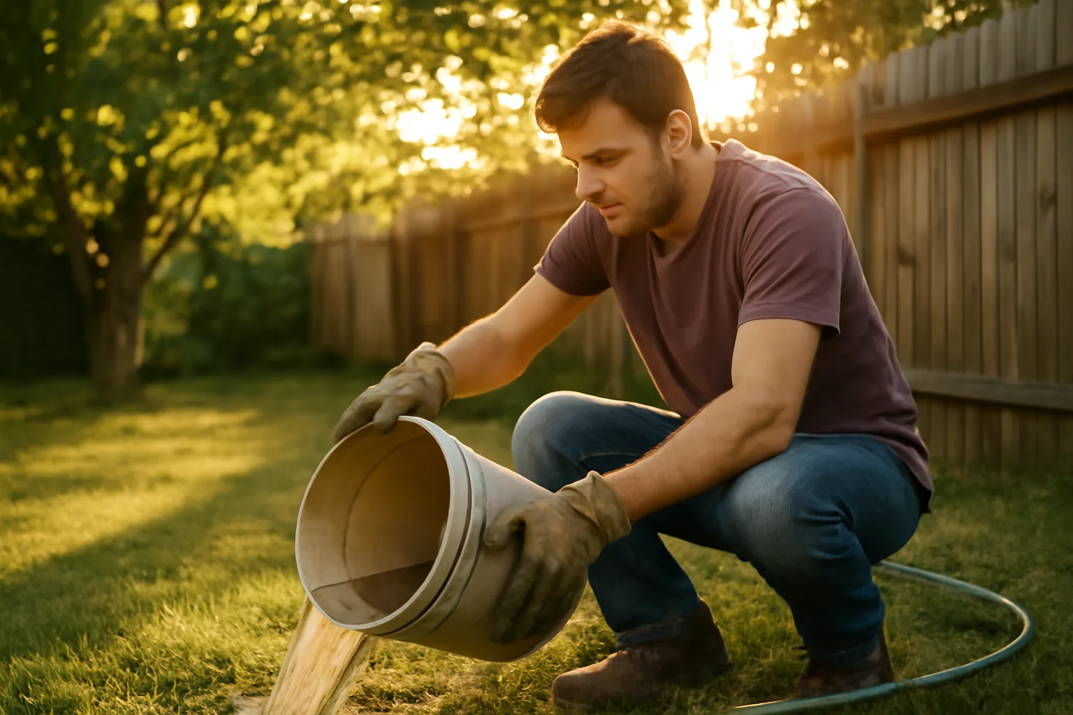 Homeowner emptying standing water from a bucket to repel mosquitoes in a backyard