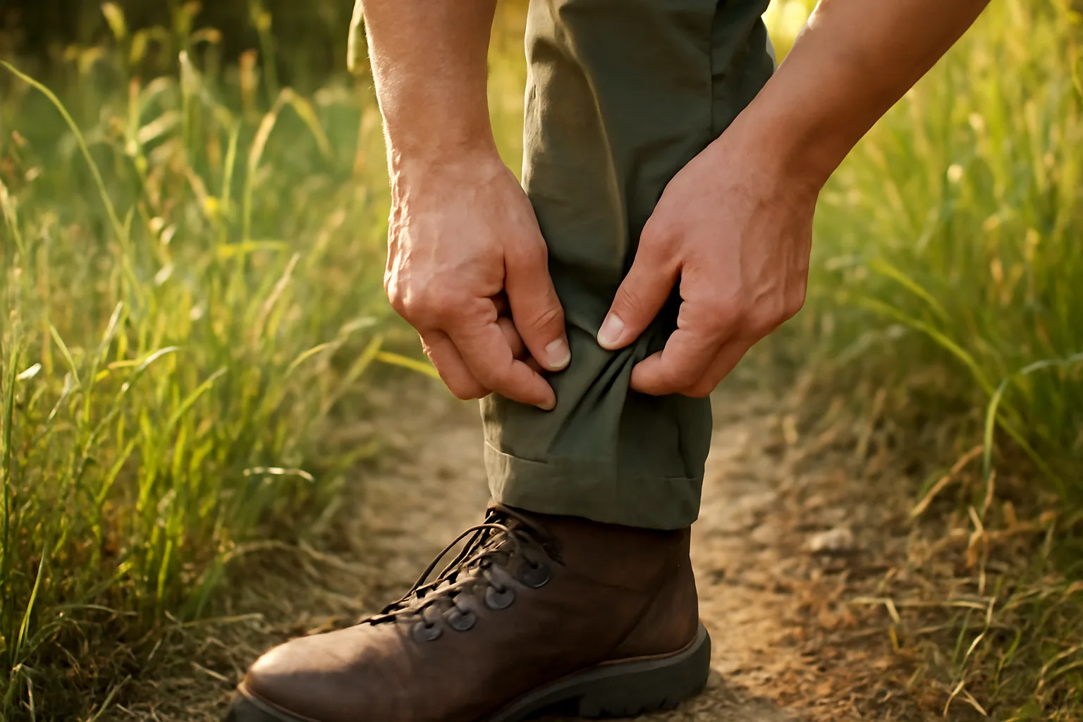 Hands checking pant leg for ticks near tall grass at trail edge