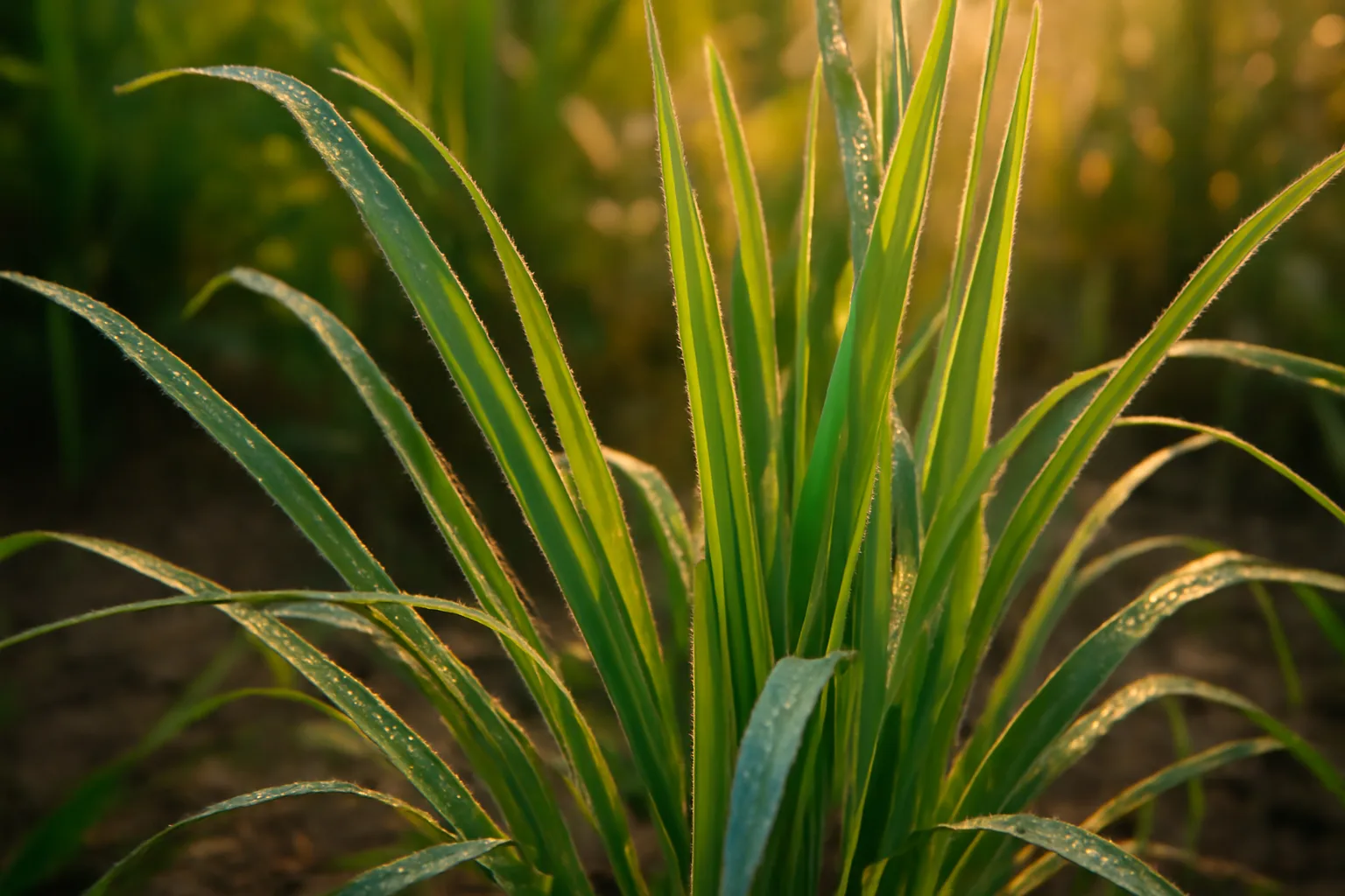 Citronella and lemongrass leaves in a backyard garden bed at dusk