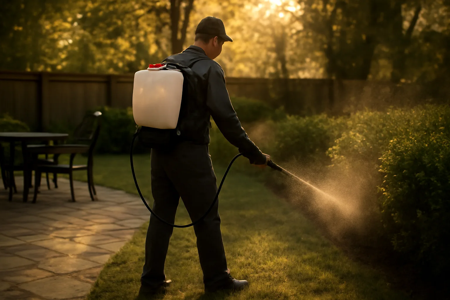Technician applying yard treatment to shrubs at dusk to keep mosquitoes away