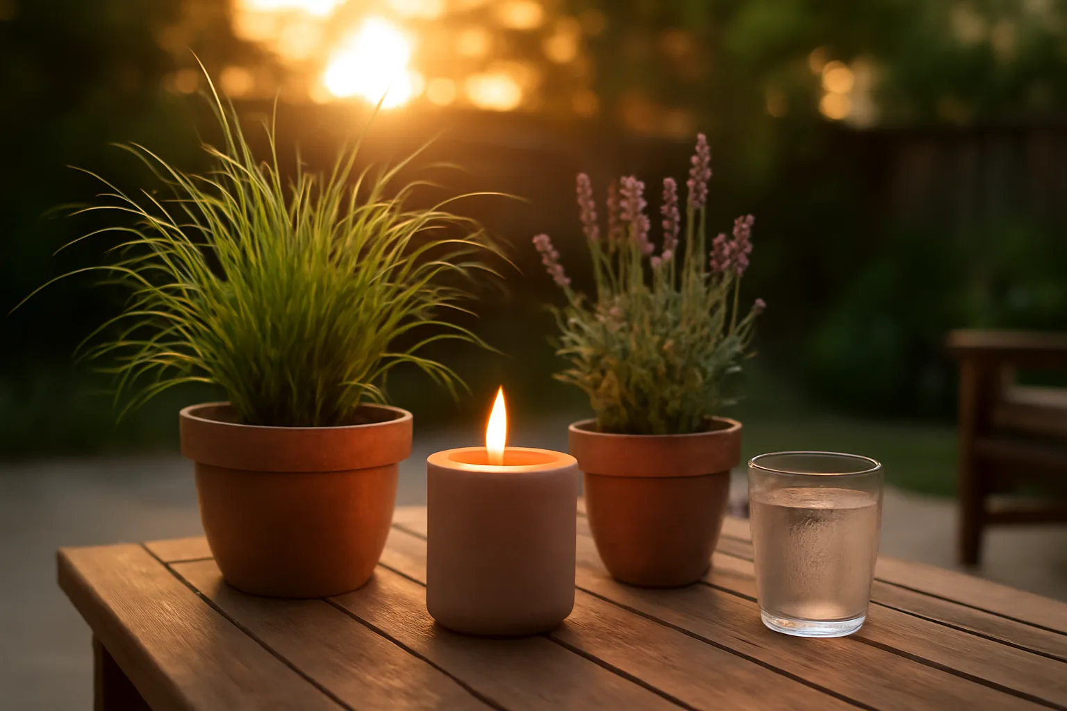 Potted citronella and lavender plants on a patio table at dusk