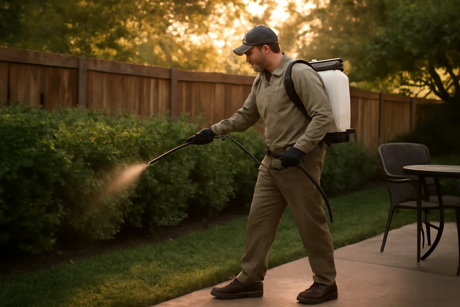 Technician applying commercial mosquito control barrier spray to backyard shrubs at dusk