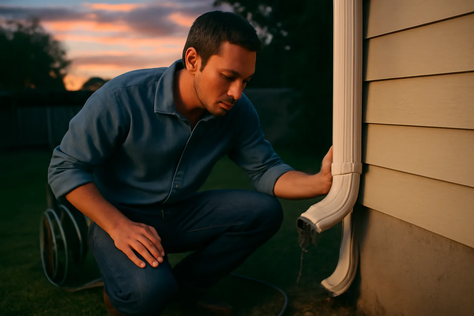 Homeowner checking a backyard gutter for standing water at dusk to reduce mosquitoes
