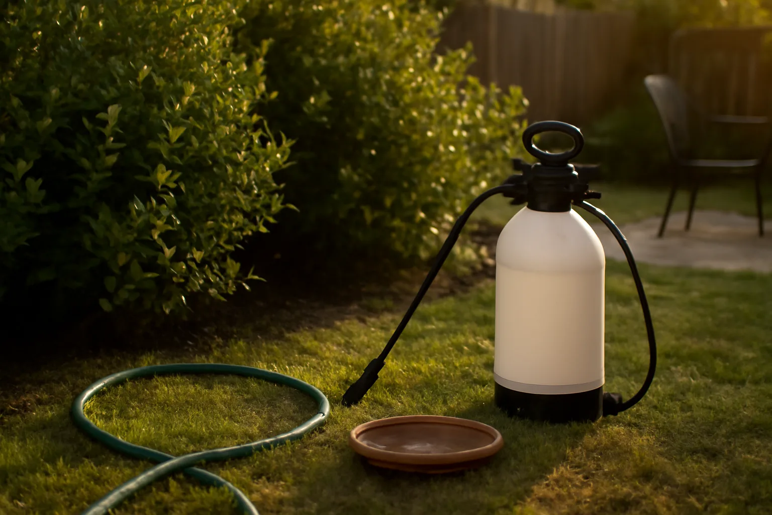 Backyard patio and shrubs at dusk during mosquito treatment for pest control