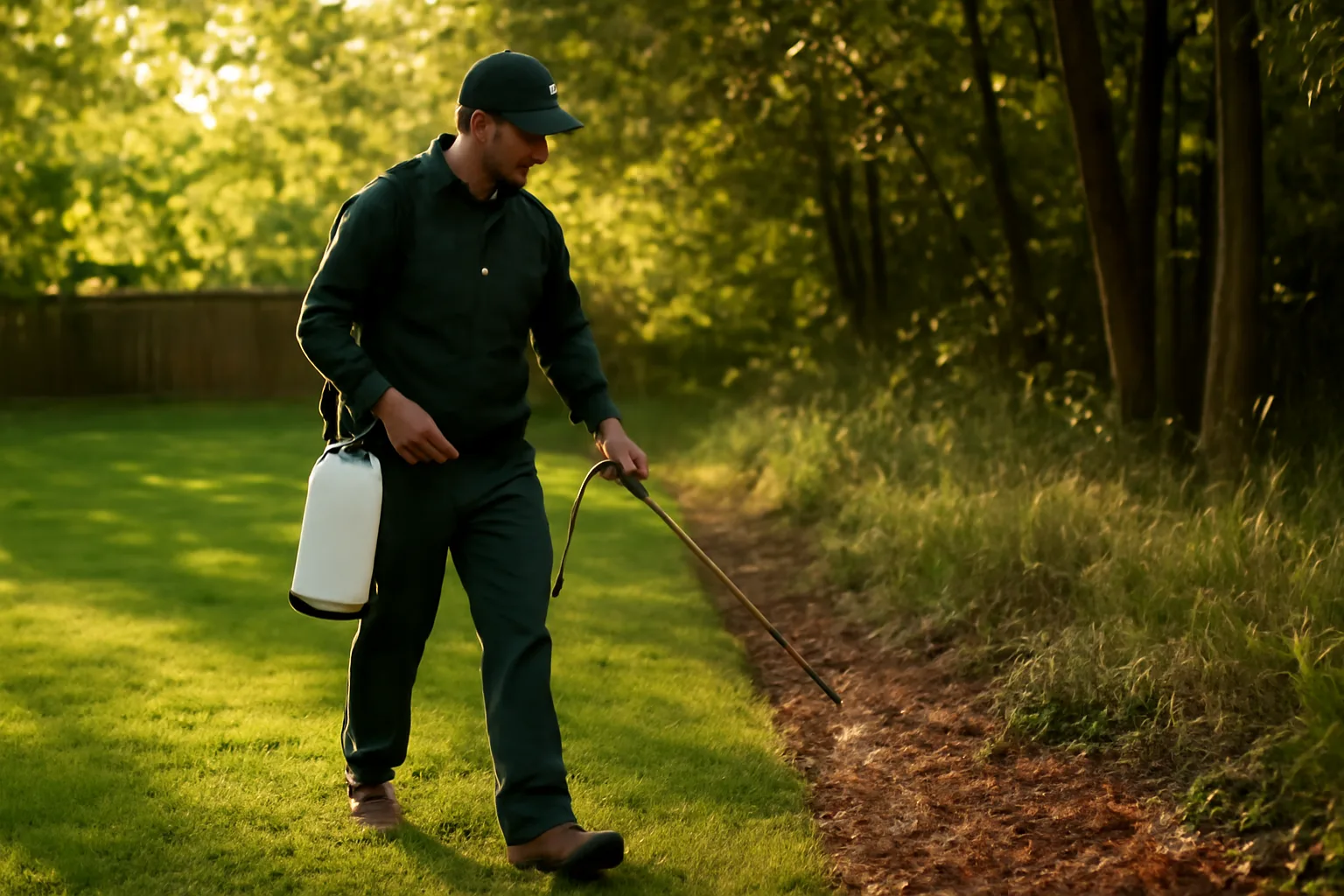 Homeowner applying lawn spray for ticks along a wood-chip barrier at the yard's wooded edge