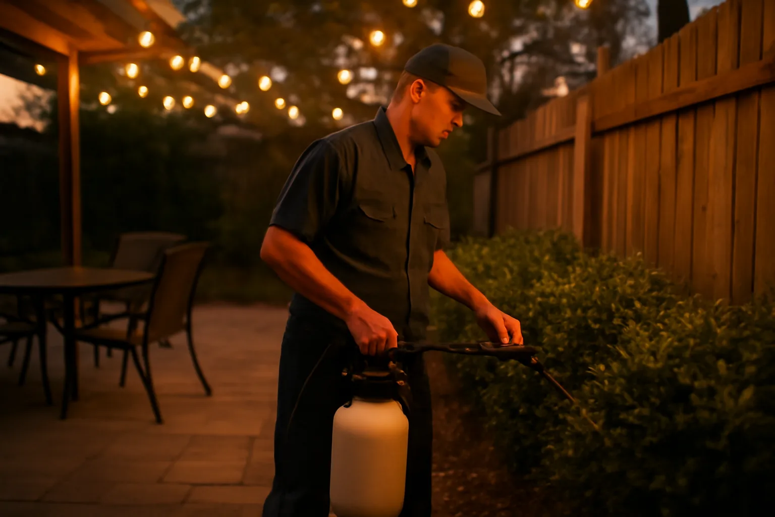 Technician inspecting backyard shrubs at dusk as part of mosquito air defense treatment