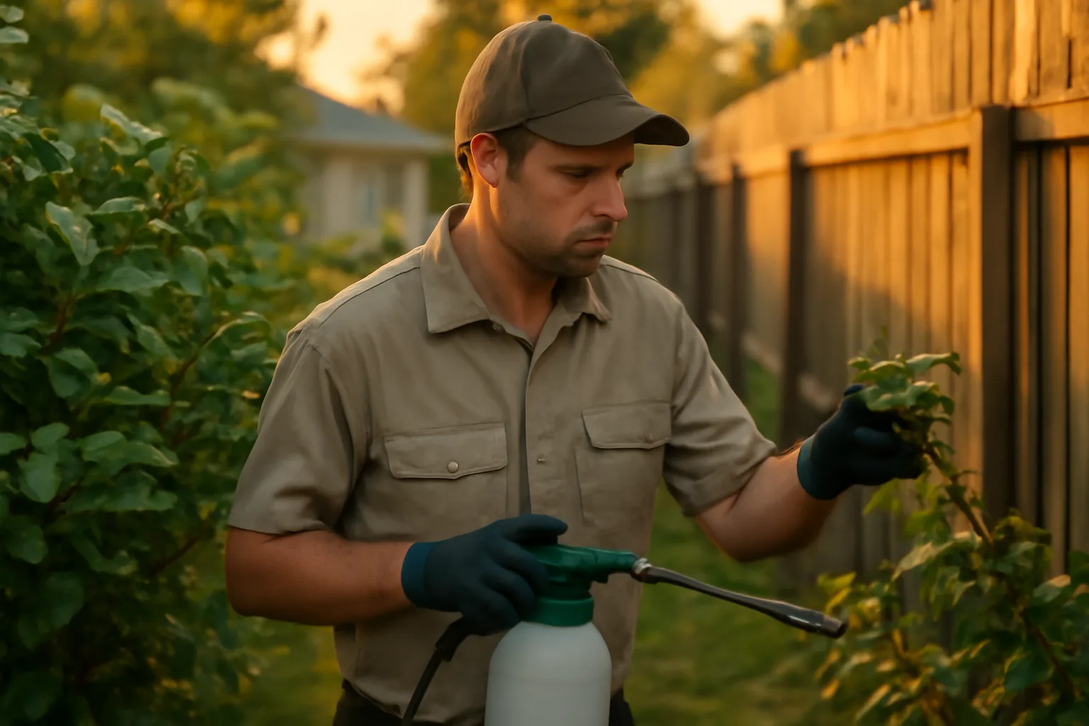 Technician inspecting shrub leaves in a backyard while searching for a mosquito company near me