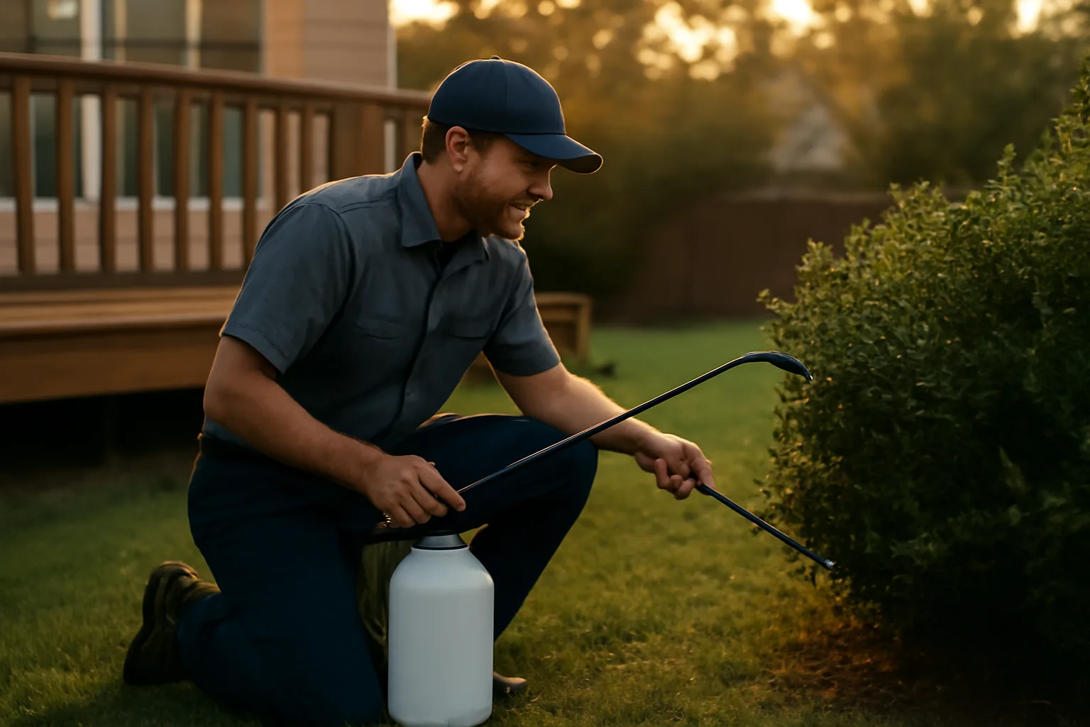 Technician inspecting backyard shrubs at dusk during a mosquito control treatment visit