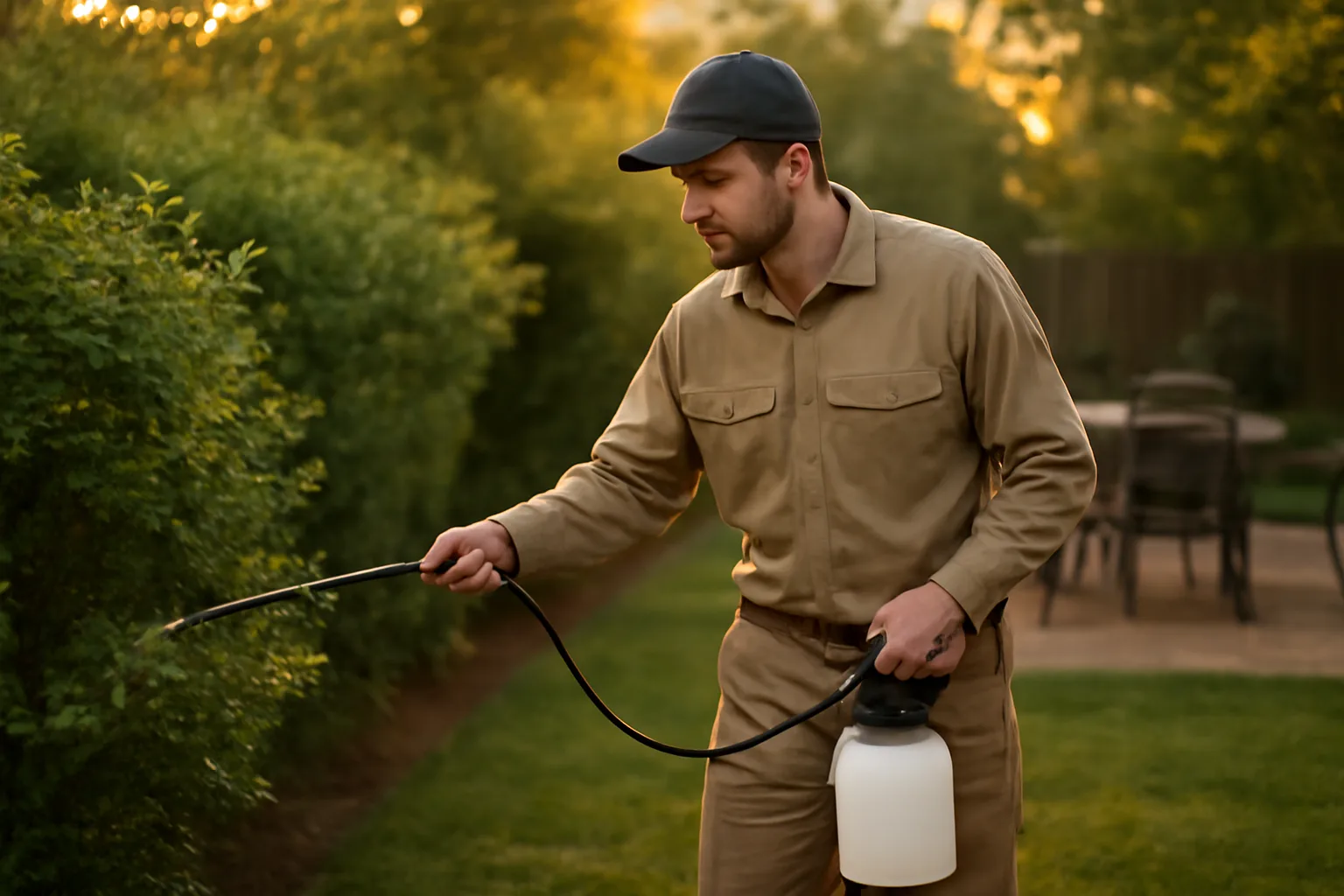 Technician inspecting backyard shrubs at dusk during a mosquito control visit