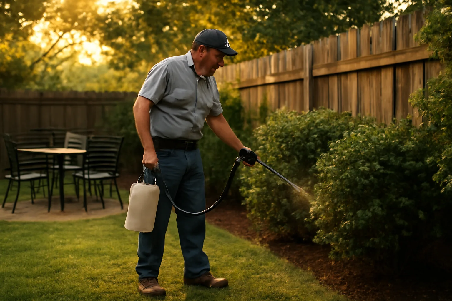 Technician inspecting backyard shrubs during a mosquito control service visit at dusk