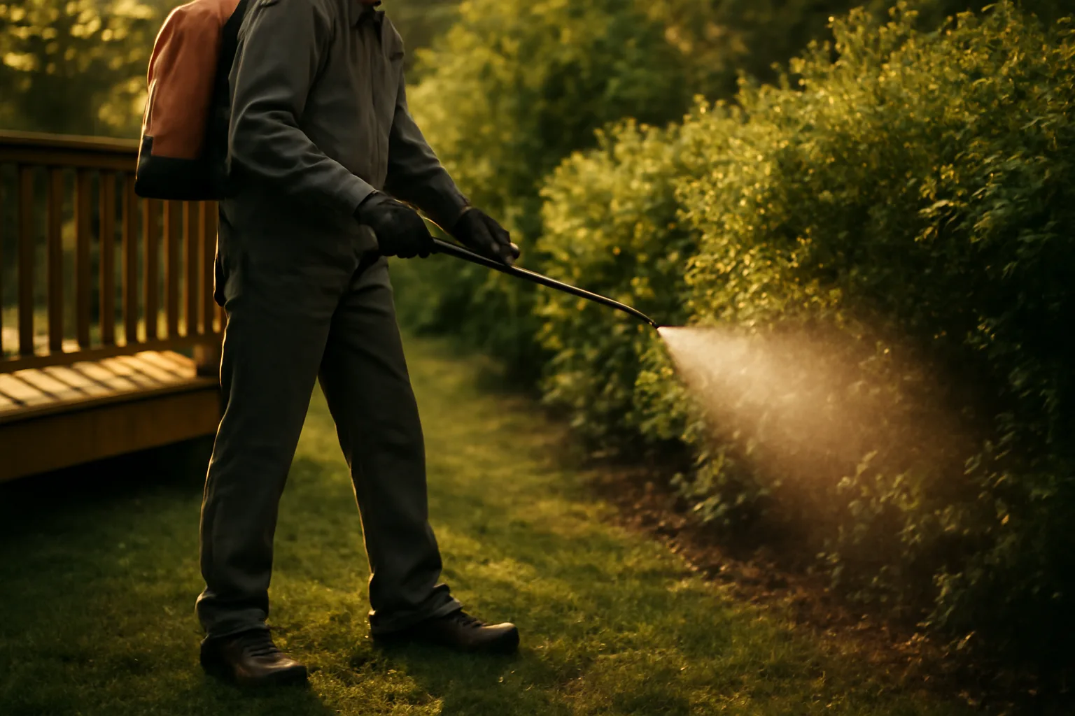 Technician applying mosquito control barrier spray to shrubs along a backyard deck at dusk