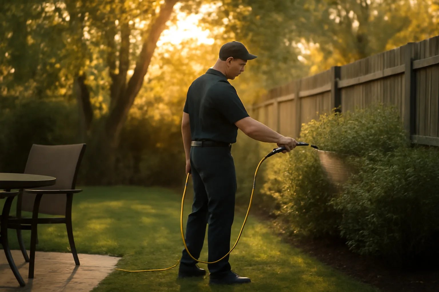 Technician inspecting shaded backyard shrubs during evening mosquito control treatment