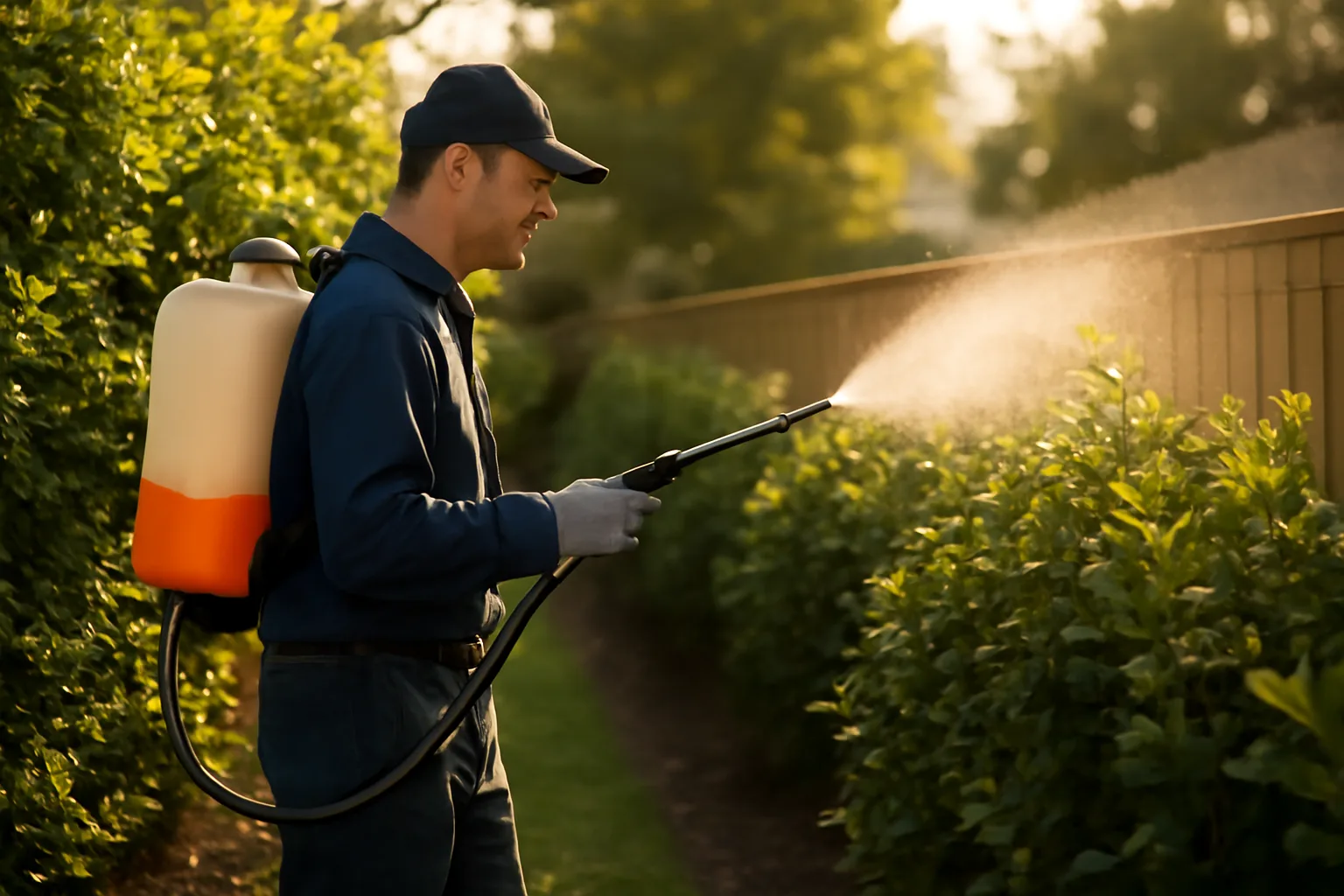 mosquito exterminator spraying backyard shrubs with backpack sprayer at dusk